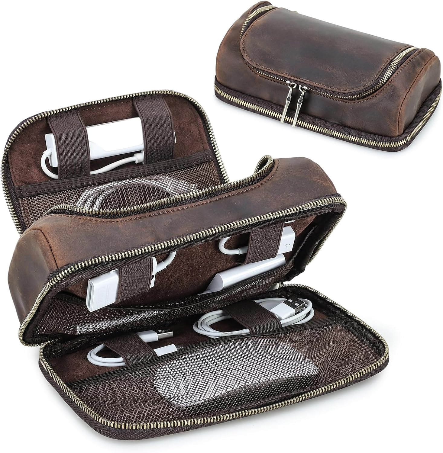 CONTACT'S FAMILY Electronic Organizer Zipper Bag Tech Pouch Handmade Crazy Horse Leather Portable Compact Electronics Travel Organiser Fits Laptop Tablet Cell Phone Accessories Coffee