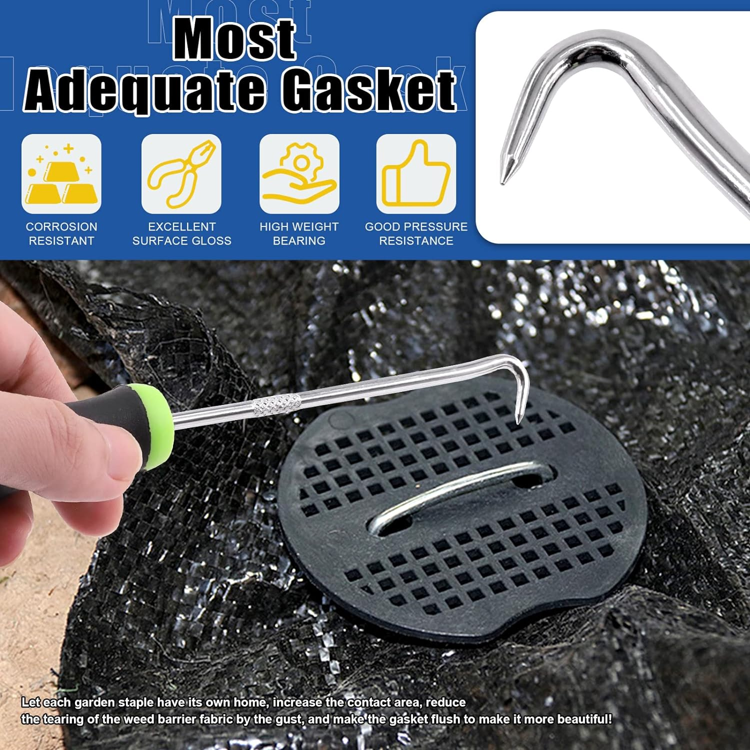 Glarks 201Pcs Garden Stakes Staples Kit, 100Pcs 6 Inch U-Shaped Landscape Staples, 100Pcs Fixing Gasket with 1Pc Pick Hook for Weed Barrier Fabric, Ground Cover, Holding Fence and Artificial Turf image number 1