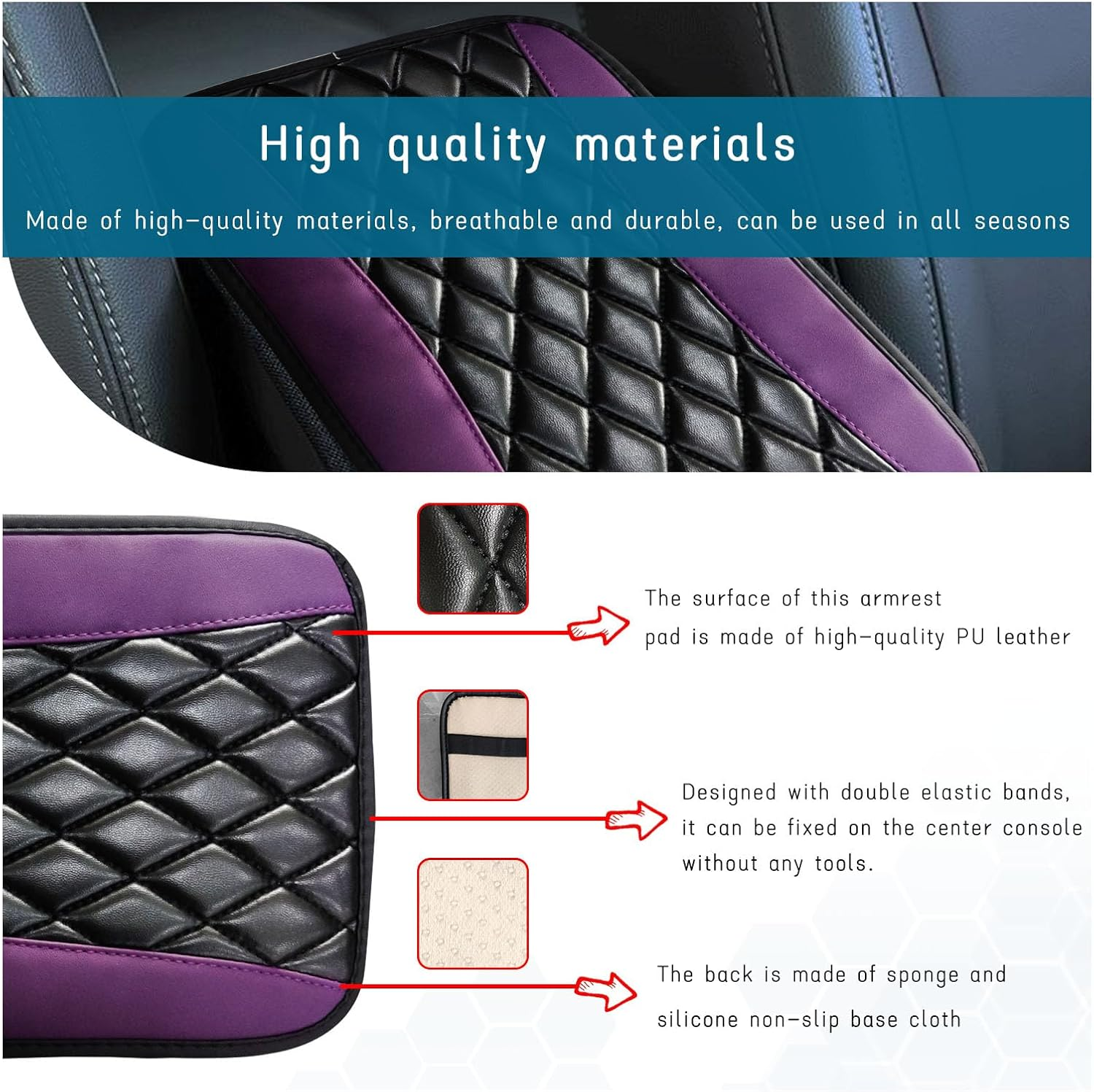 Car Center Console Cushion Pad, Universal Leather Waterproof Armrest Seat Box Cover, Comfortable Auto Armrest Cover Protector, Car Interior Decor Accessories for Most Vehicles (Purple) - Black  Beige image number 5