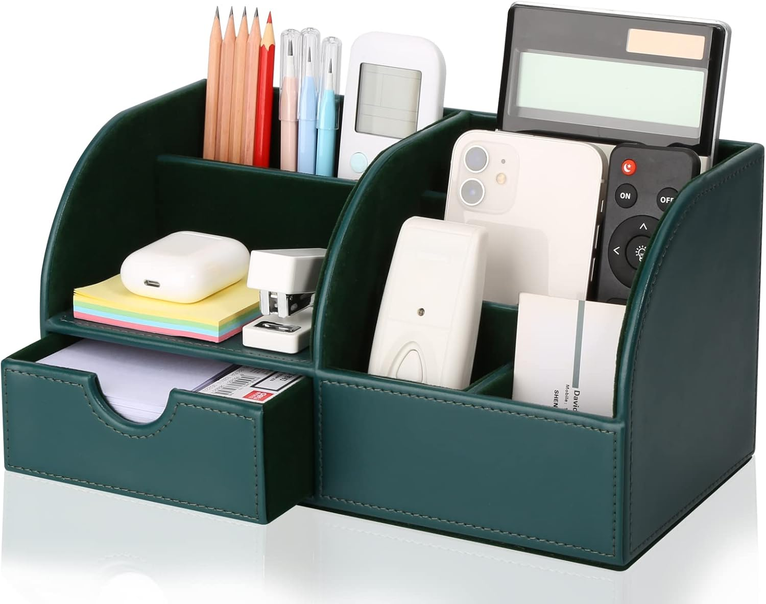 KINGFOM Pu Leather Desk Organizer Pen Pencil Holder Office Supplies Caddy Storage Box 6 Compartments with Drawer White (Full Pu Leather)