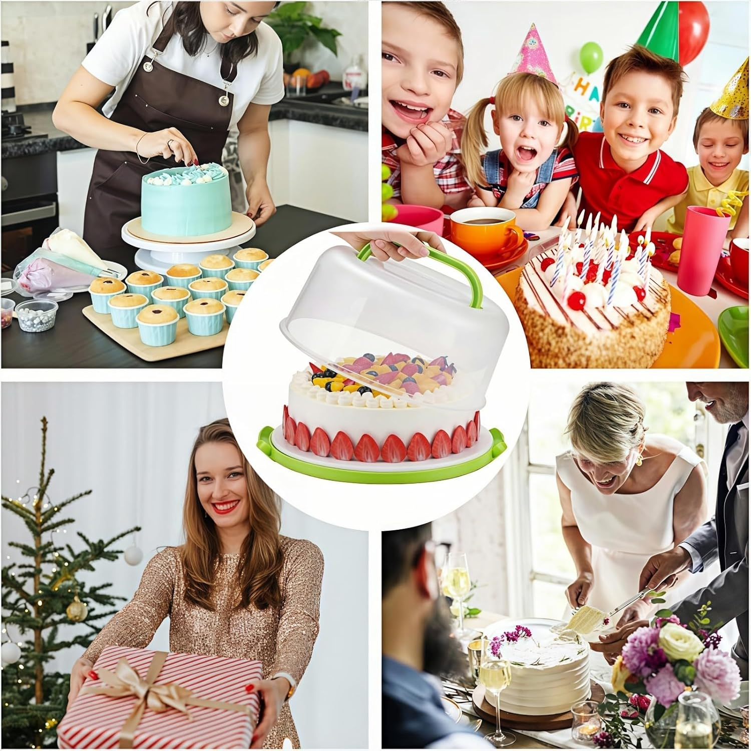 10 Inch Cake Carrier Stand round Holder Storage with Lid and Handle for Transport Storage Container Tray Cake Cover Stand Cupcake Containers Keeper Kitchen Cooking Box Large (Green) image number 3