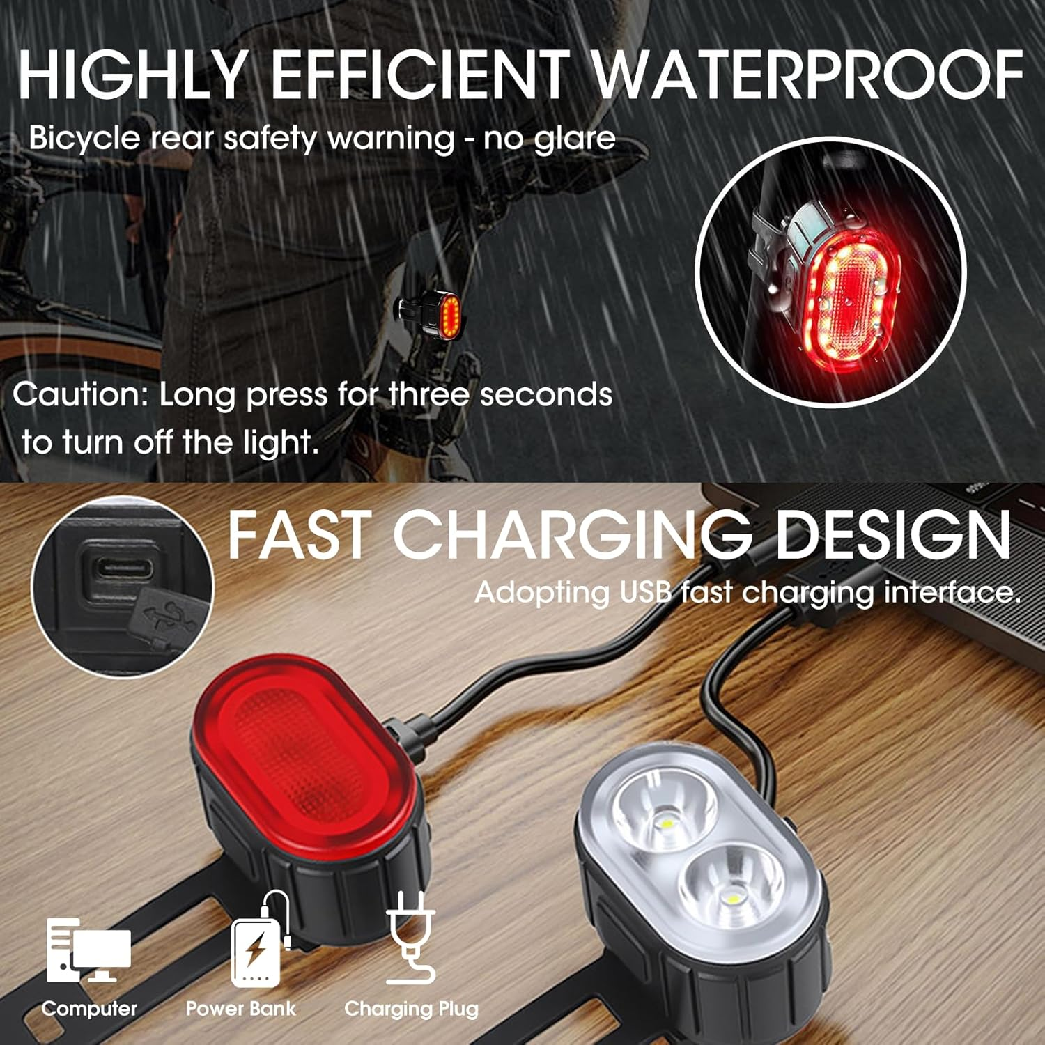 USB Rechargeable Bike Lights Set - 200LM Front & 50LM Rear Safety Lights, Waterproof Type-C Fast Charging for Mtb/Road Bikes (Compact ABS Design)