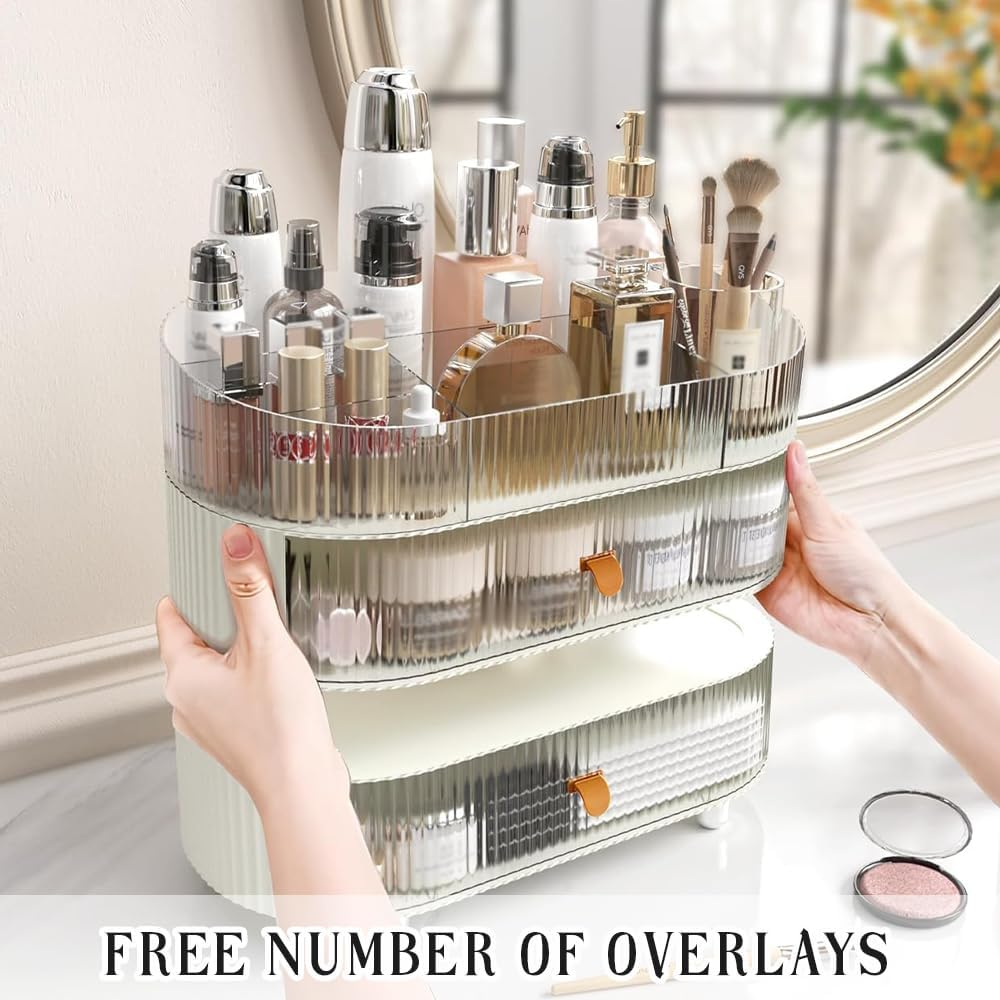 Makeup Organizer with 3 Drawers, Sleek and Compact, Large Capacity Skincare Organizer for Skincare, Face Creams, Perfumes, Lipsticks Dresser, Ideal for Bedroom and Bathroom Vanity Countertops image number 4