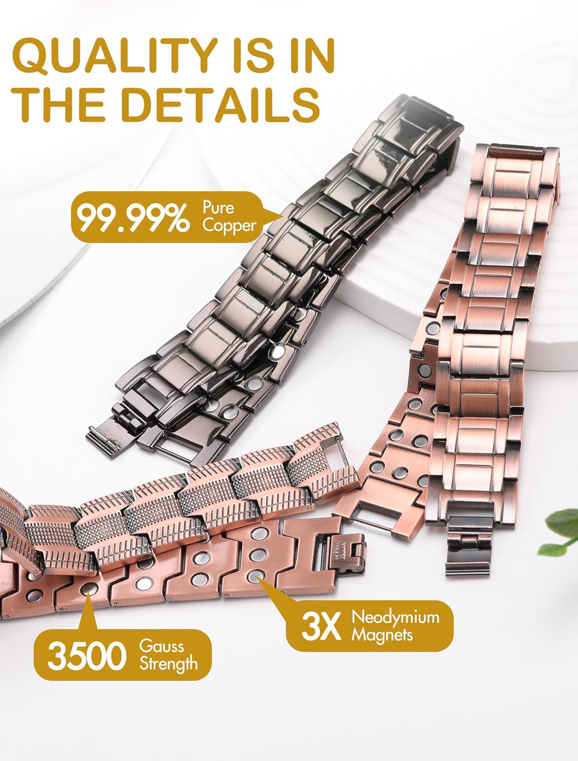 Feraco Men'S Copper Magnetic Bracelet for Arthritis Pain Relief 99.99% Solid Copper Bracelets with 3 Row Strong Magnets,Adjustable image number 2