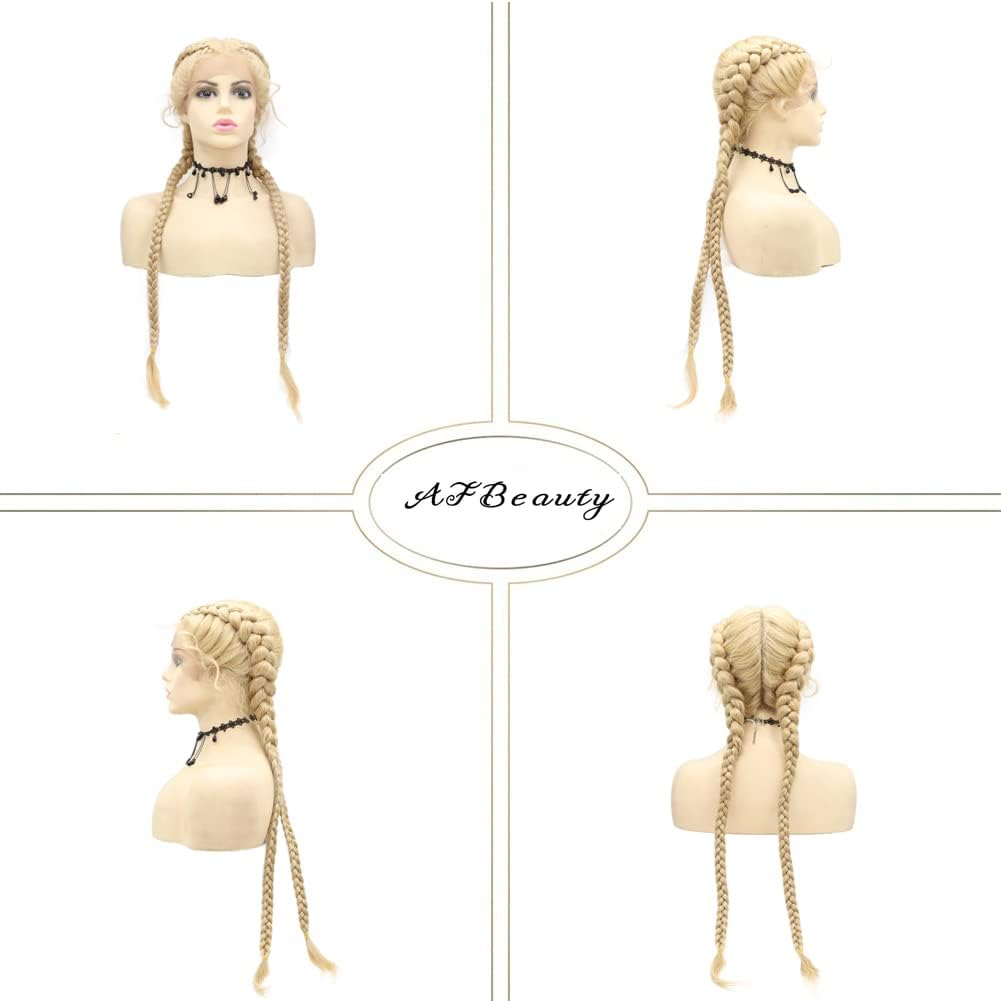 Afbeauty Extra Long Mixed Blonde Dutch Twins Braided Wig for Women Handmade Blonde 613 Lightweight Swiss Lace Front Wig with Baby Hair Heat Resistant Synthetic Double Braids Wig