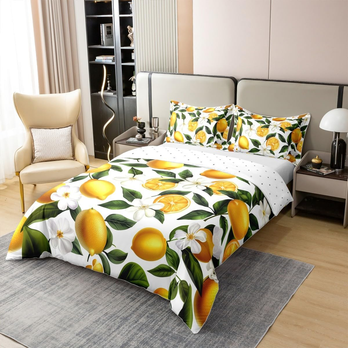 Homewish Lemon Cotton Bedding Set 135 X 200 Cm Summer Fruits Tropical Duvet Cover for Children Boys Girls Botanical Flowers Floral Bed Linen Hawaii Farmhouse Bed Set Modern Bedroom Decor image number 4