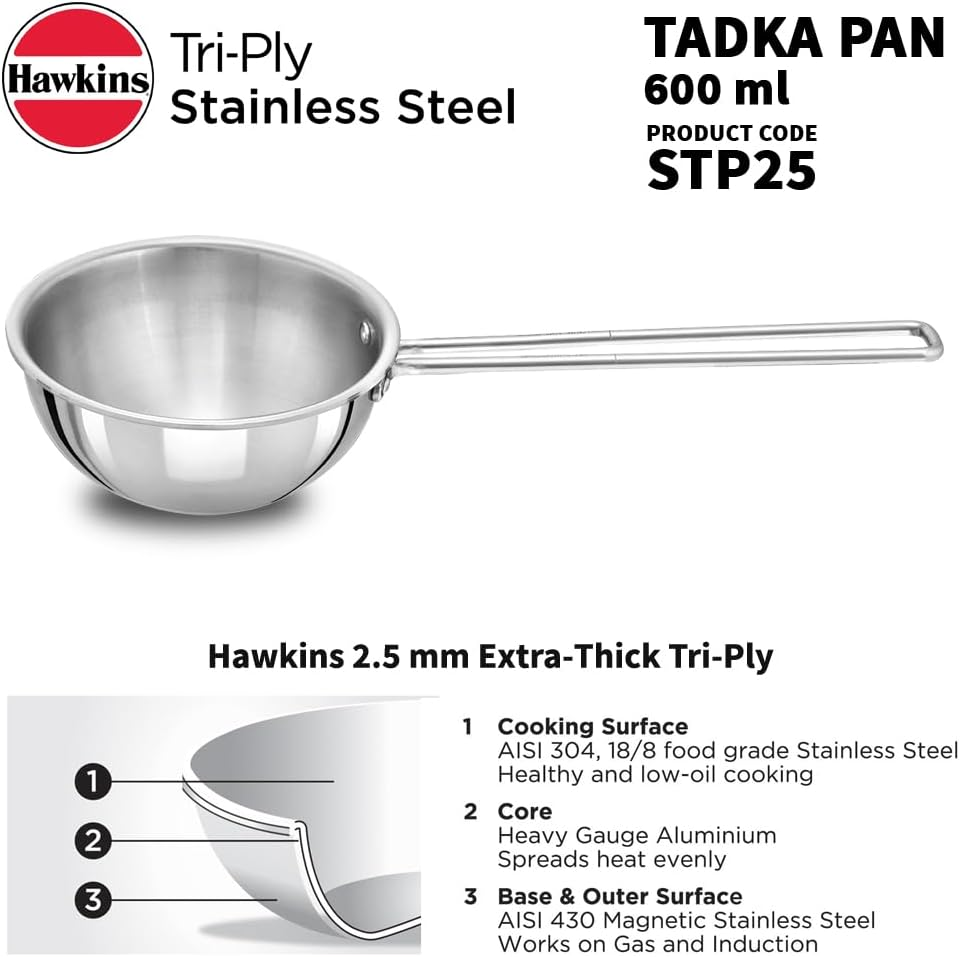 Hawkins 2.5 Cup Tadka Pan, 600Ml Triply Stainless Steel Pan, Silver (STP25)