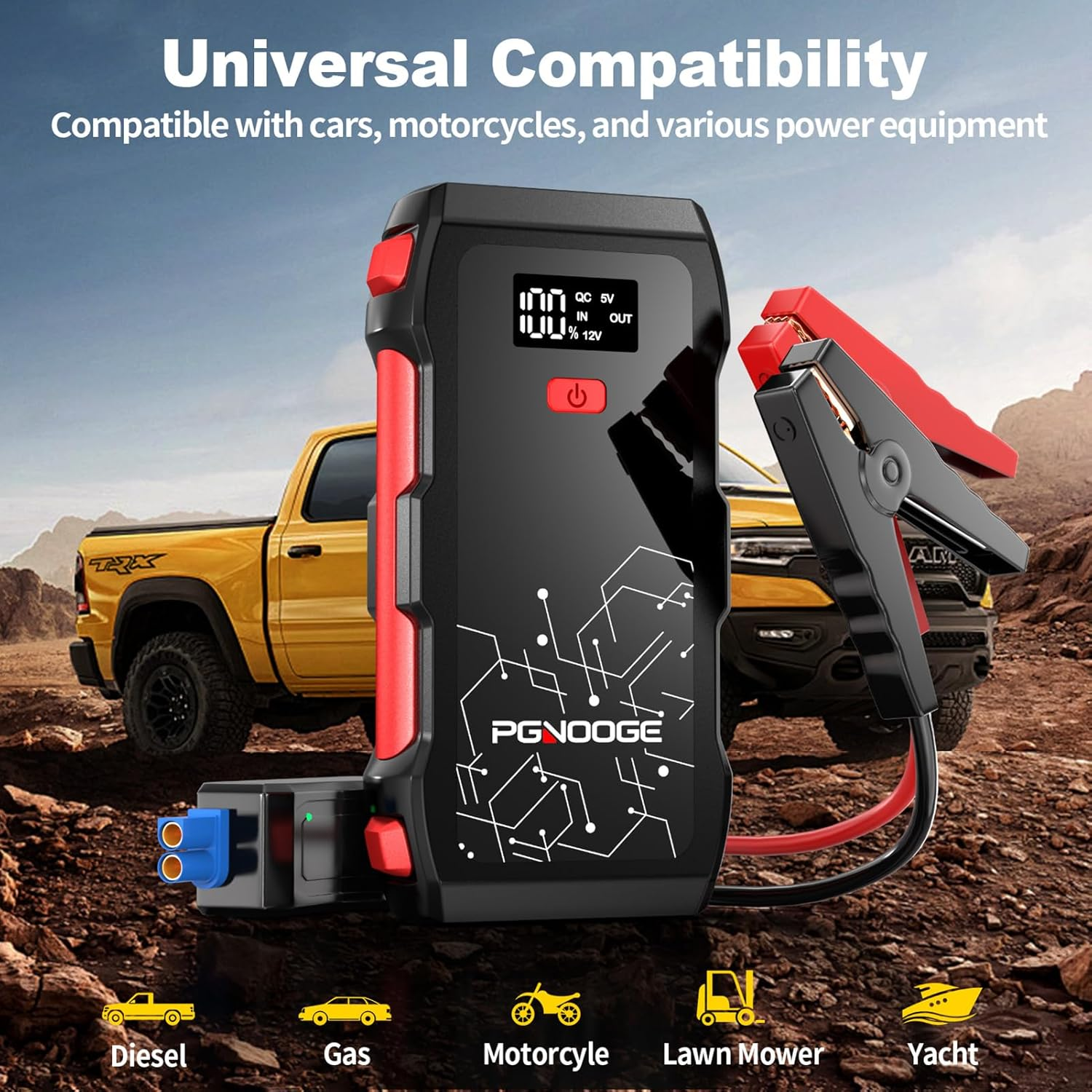 PGNOOGE 26800Mah 6000A Peak Car Jump Starter, Car Battery Booster for All Gas and up to 10L Diesel Engines, 12V Auto Emergency Jumper Starter with Flashlight, LED Display, USB Fast Charging image number 3