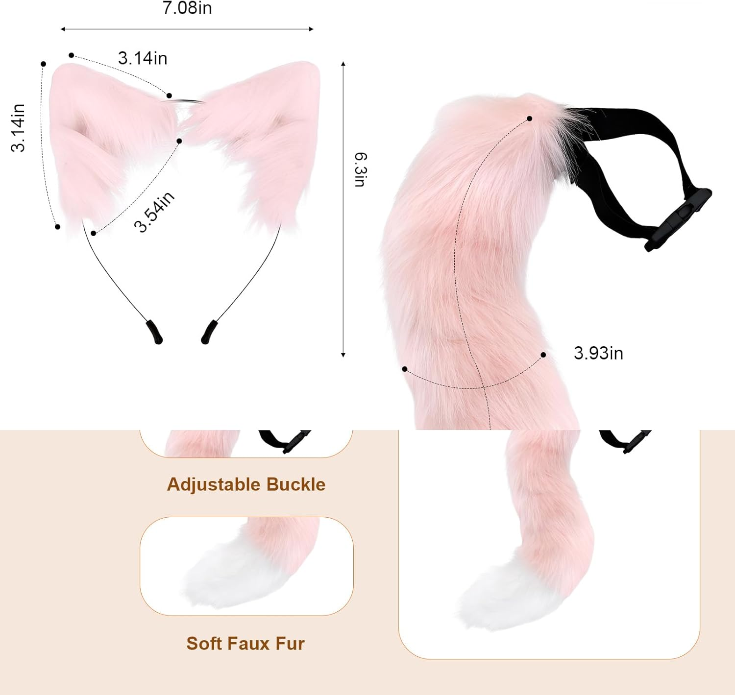 Cat Ears Headband Wolf Fox Tail Set Handmade Animal Cosplay Costume Faux Fur Headdress Party Accessories(Pink) image number 3