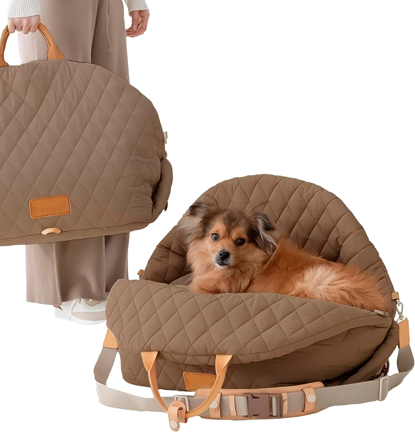 BDZBREN 3-In-1 Dog Car Seat for Small Pets 0-18Lbs，Portable Carrier, Travel Bed with Safety Leash | Waterproof, Machine Washable, Anti-Slip Base (Pink, L) - Beige image number 7