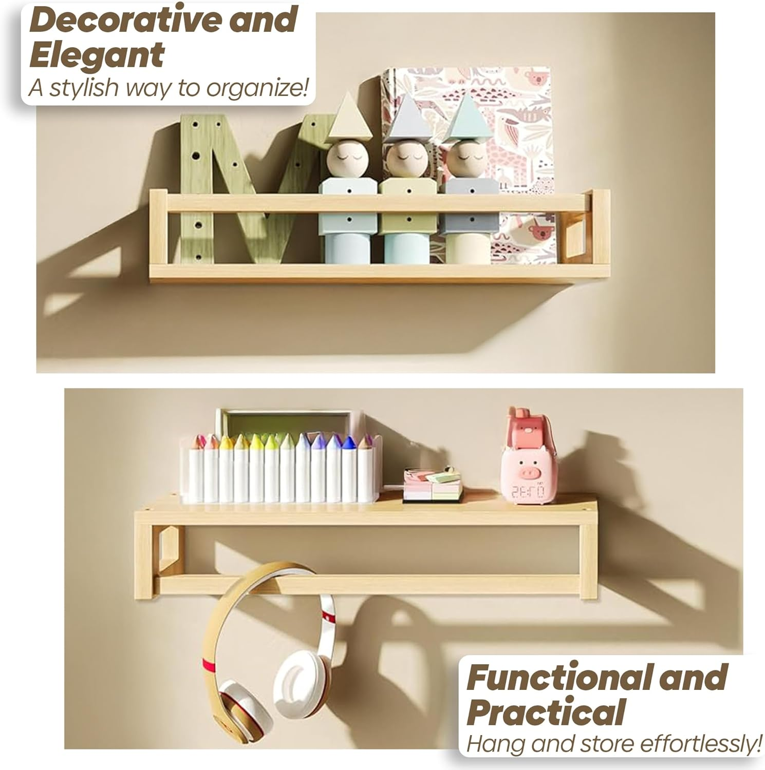 Floating Nursery Kids Book Shelves for Wall Set of 4, Wall Mounted Natural Solid Wood Furniture Bookcase Decor Storage Organizer Shelf for Bedroom Kitchen Bathroom Living Room (4, Natural) - 4, Natural image number 4