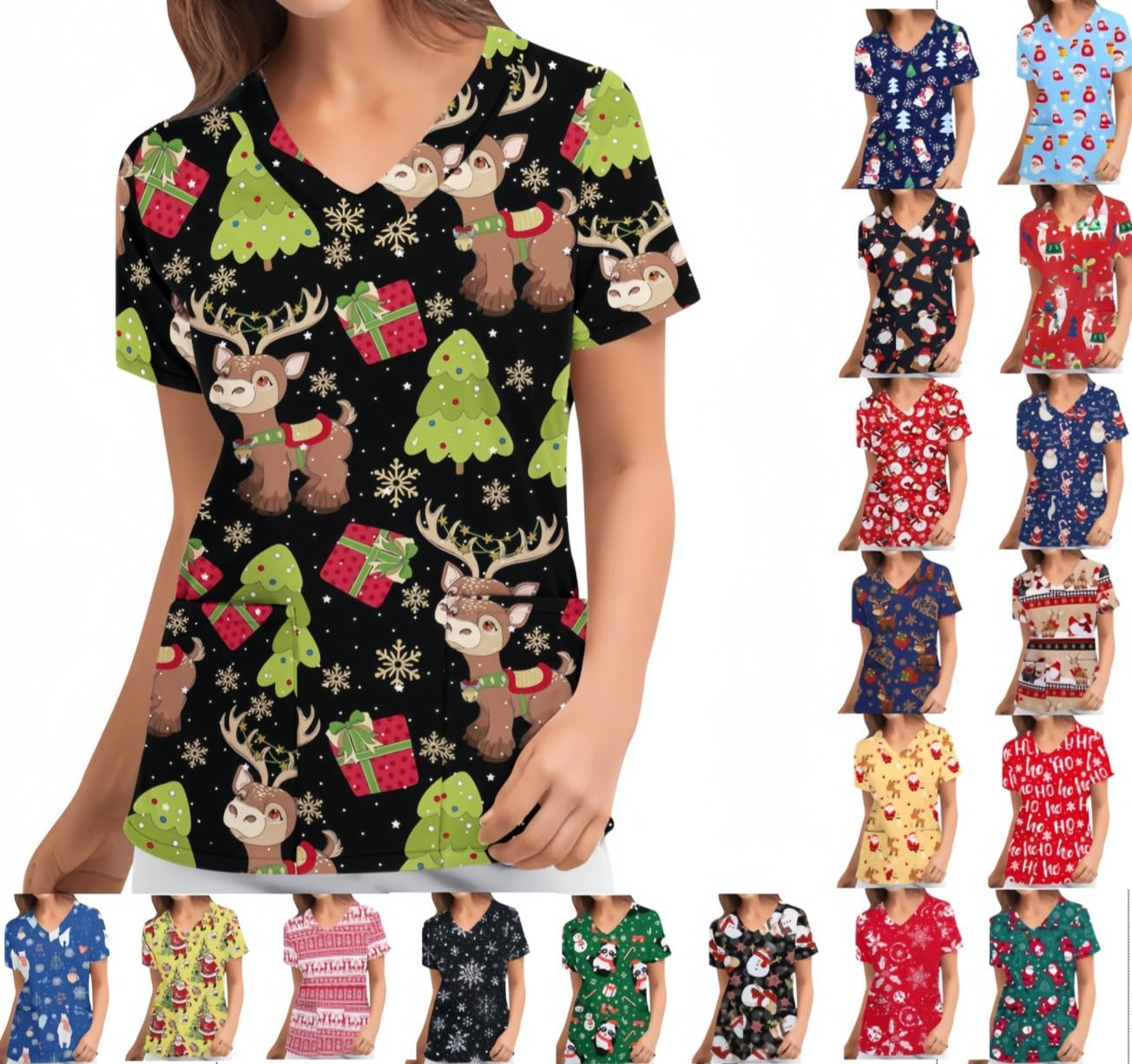 Women'S Christmas V-Neck Short Sleeve Nursing Uniform Xmas Santa Gifts Printed Workwear Holiday Graphic Tees Blouse Scrubs Tops with Pockets image number 3