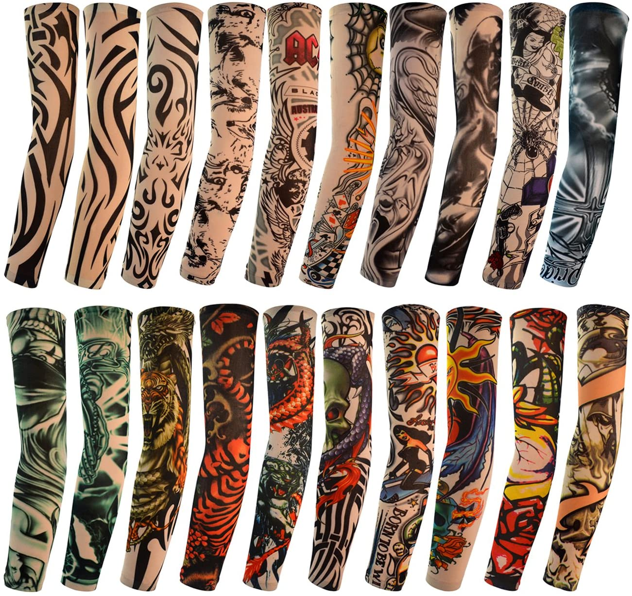20Pcs Tattoo Arm Sleeves Temporary Fake Slip on Arm Protector Body Art Arm Stockings Accessories - Designs Tribal, Dragon, Skull, and Etc.By HOVEOX image number 1