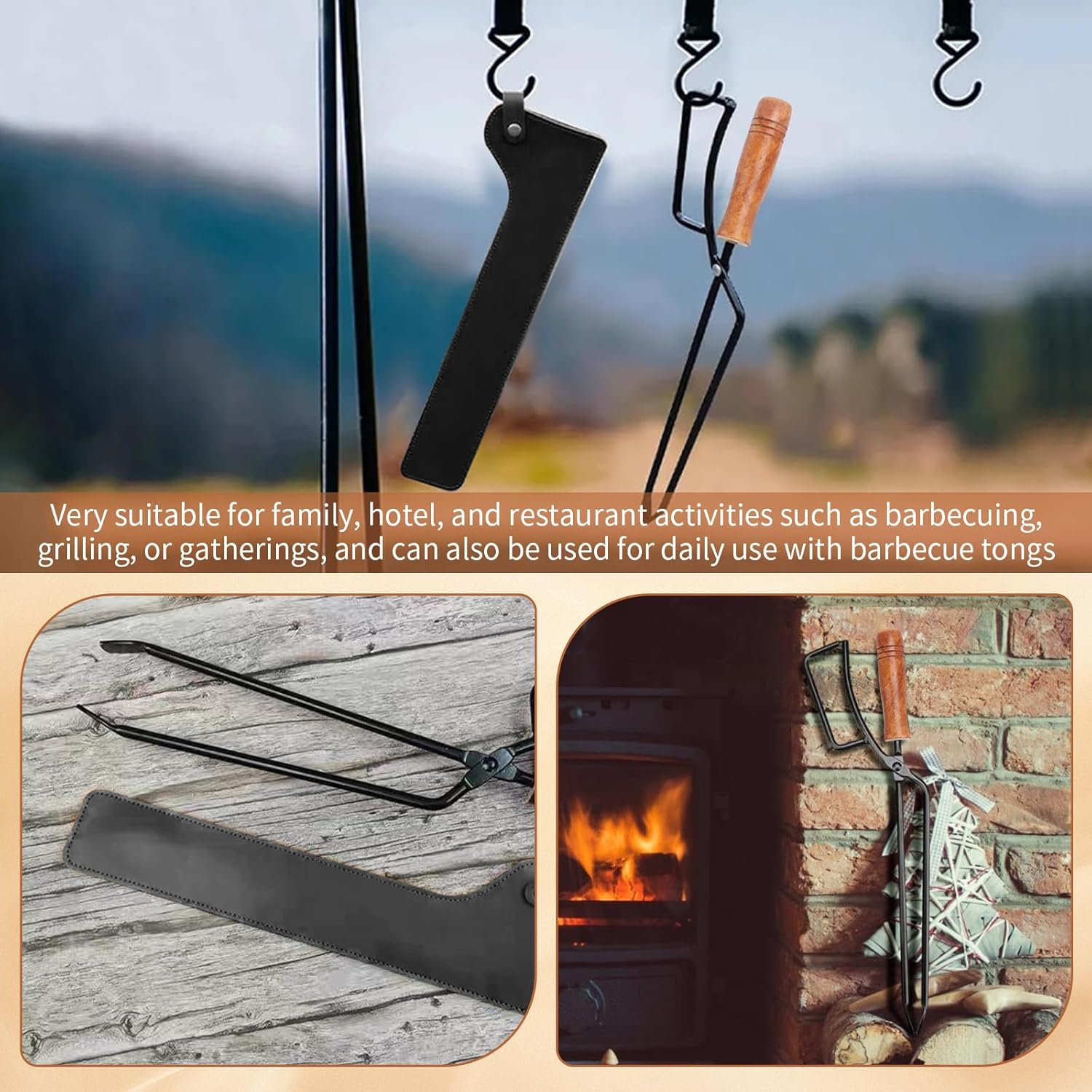 Heavy Duty Fireplace Tong Log Grabber with PU Leather Cover- 40CM Fireplace Tong with Rubber Grip for Campfire, Fire Pit, BBQ, Wood Stove, Durable Fireplace Poker for Handling Hot Logs (Black Cover) image number 4