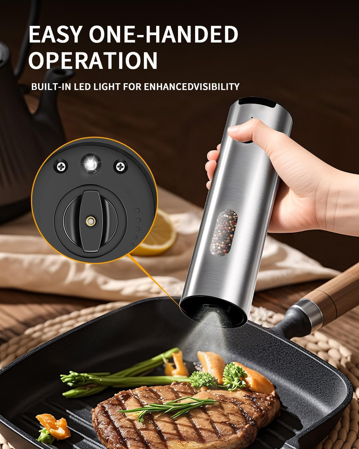 CIRCLE JOY Electric Salt and Pepper Grinder Set with USB Charging Base, Adjustable Coarseness, 110Ml Large Capacity, Stainless Steel Pepper Grinder, Silver image number 5