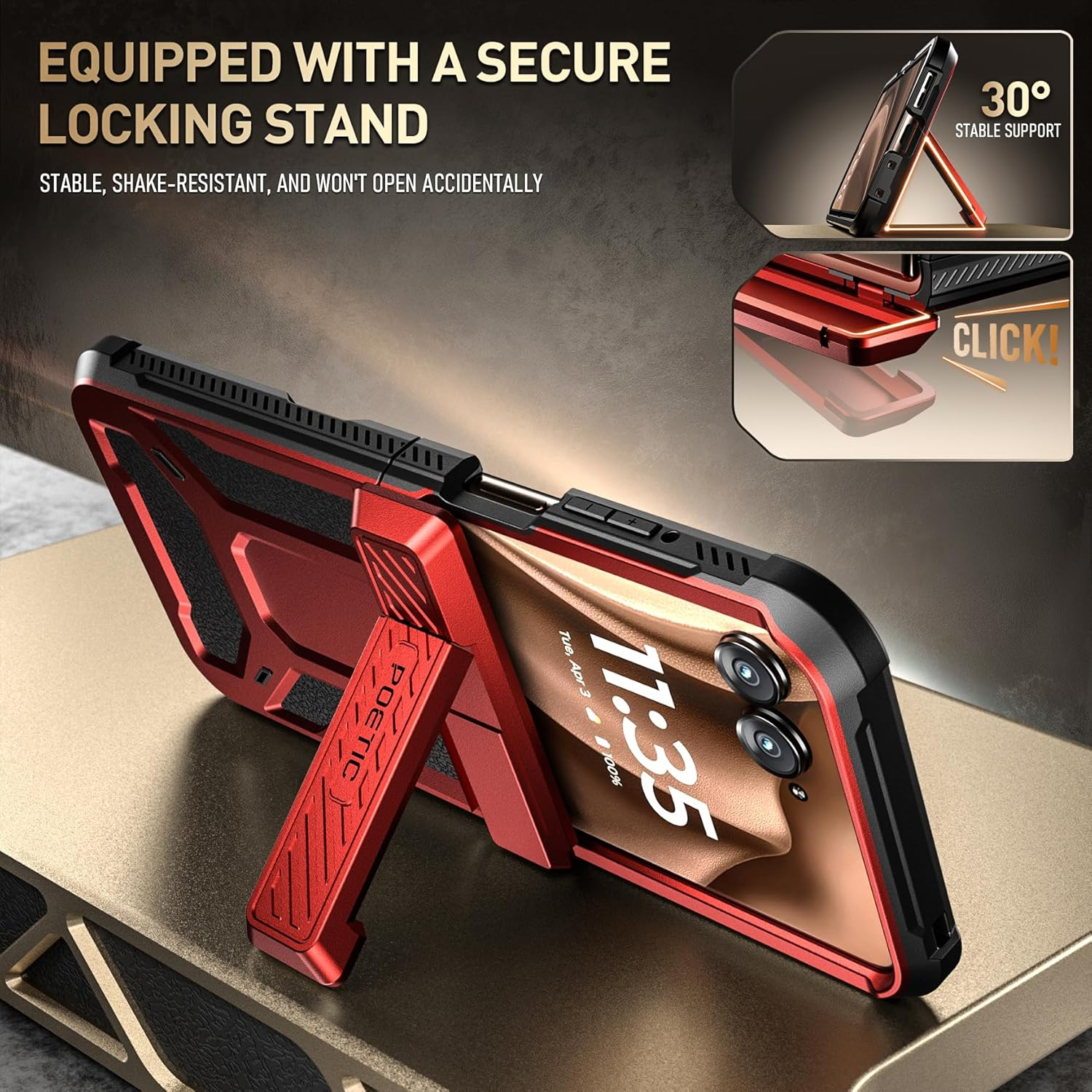 Poetic Spartan Case for Motorola Moto Razr + plus 2024/Moto Razr+ plus 2025, [Kickstand][Hinge Protection], Full-Body Rugged Shockproof Protective Cover with Kickstand, Metallic Red - Metallic Gun Metal image number 3