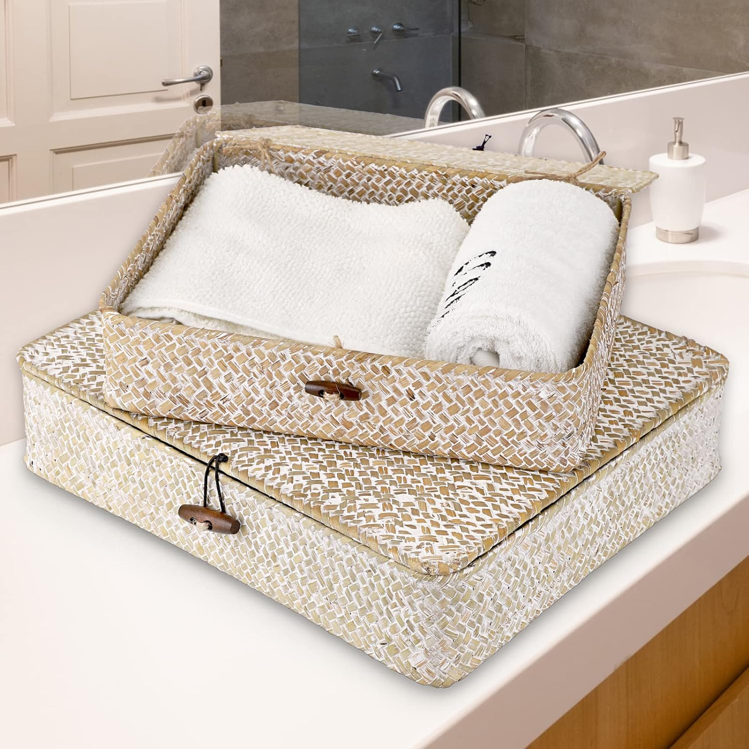 SUMNACON 2 X Rattan Baskets Made of Natural Seagrass with Lid Handmade Storage Box Storage Baskets Organiser Basket for Kitchen Bathroom Bedroom Large + Small (Rectangular, White) - White image number 2