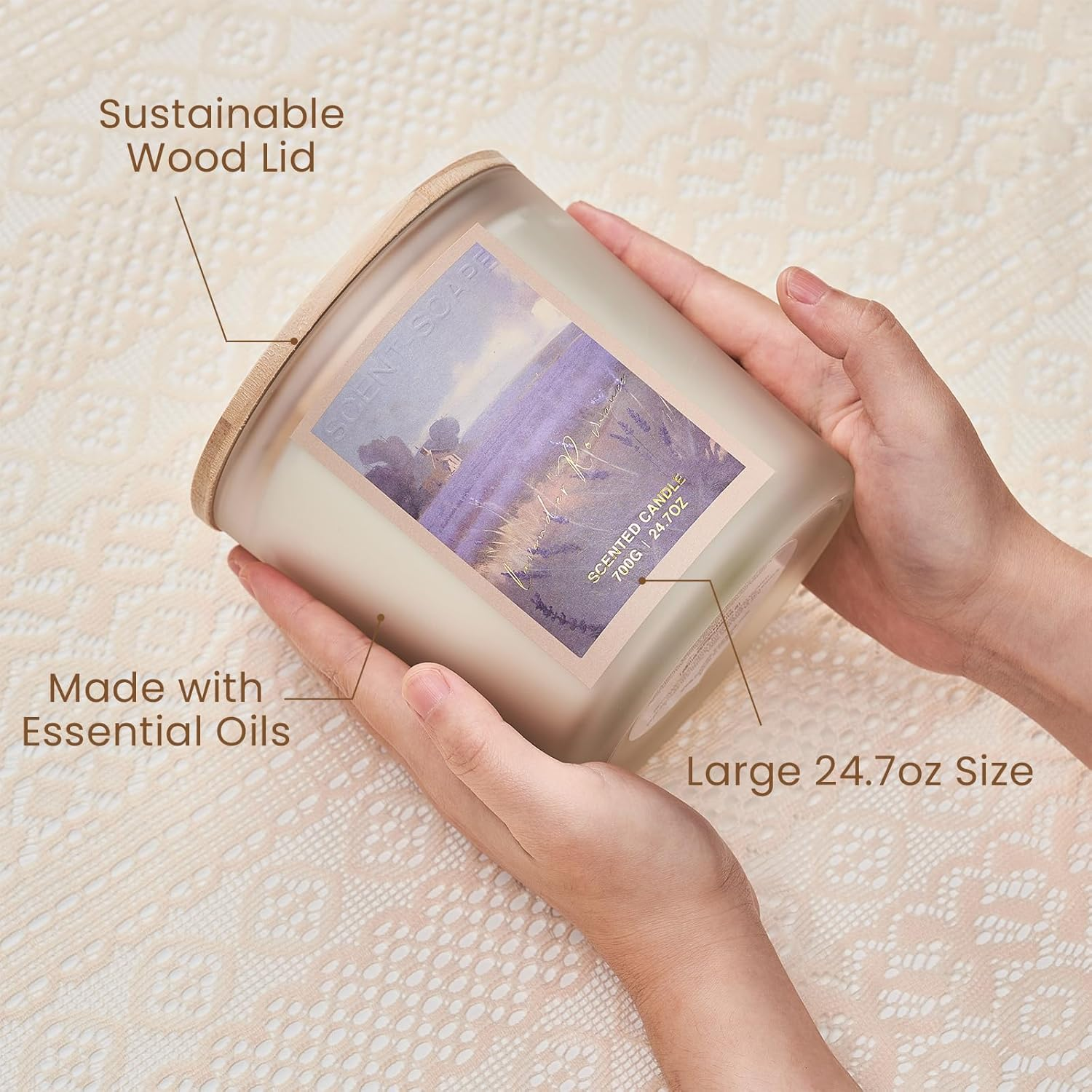 M&SENSE Large Scented Candles 3 Wick Lavender Candle, 24.7Oz /700G Soy Candle with Wooden Lid, 120 Hours Long-Lasting Burn, Jar Candle for Home Fragrance image number 6