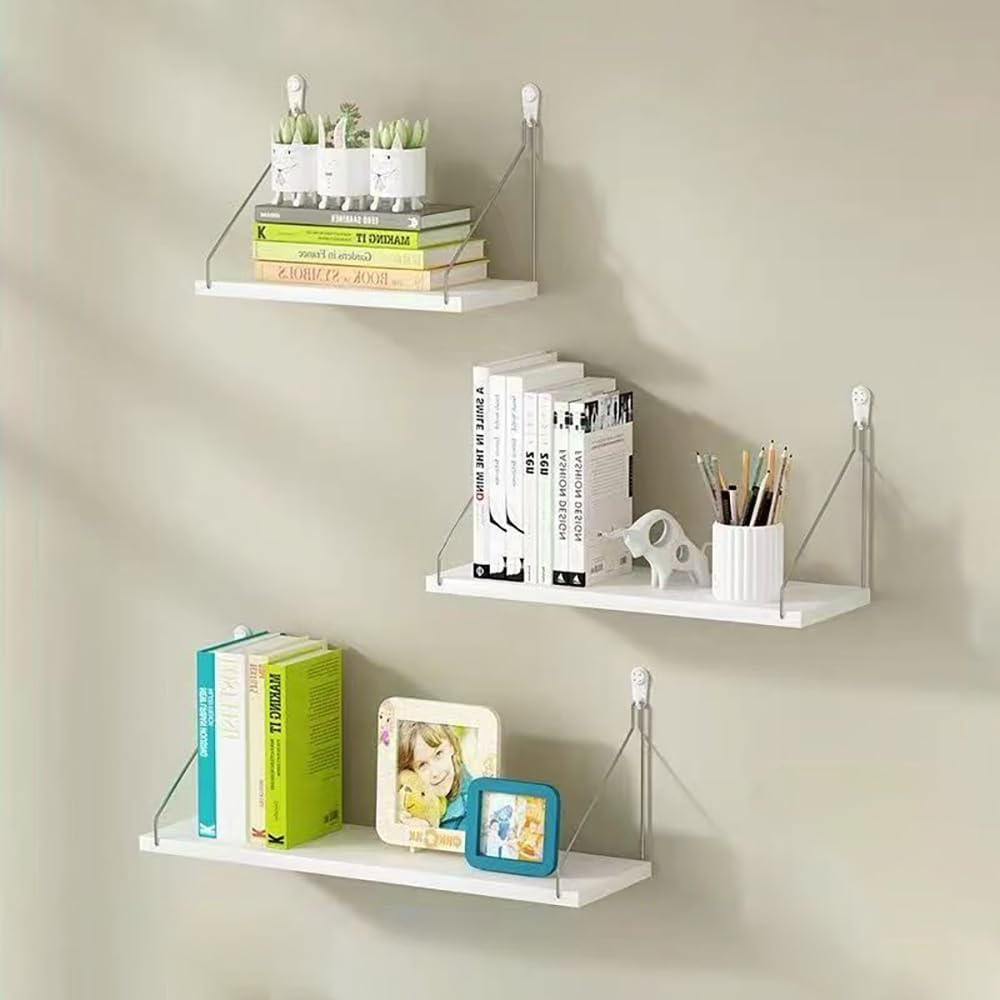 Hbluefat Floating Shelves, Hanging Shelves Wall Mounted Floating Book Shelf Set of 3, Floating Wood Storage Shelf for Bedroom, Living Room, Bathroom (Wood)