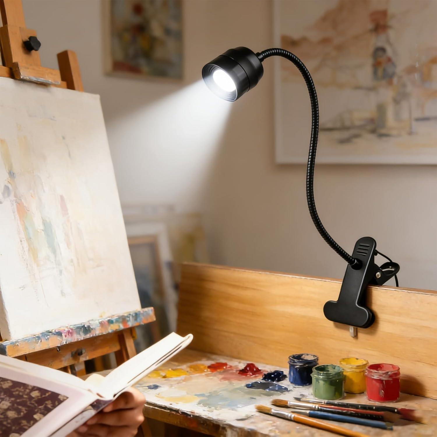 LED Reading Lamp Clamp Light, Dimmable Clamp Lamp with Switch Plug, 3 Colour Temperatures, Gooseneck Design with Beam, Adjustable 15&deg;-80&deg;, for Reading Indoor Lighting, Bed Night Reading (Black) image number 5