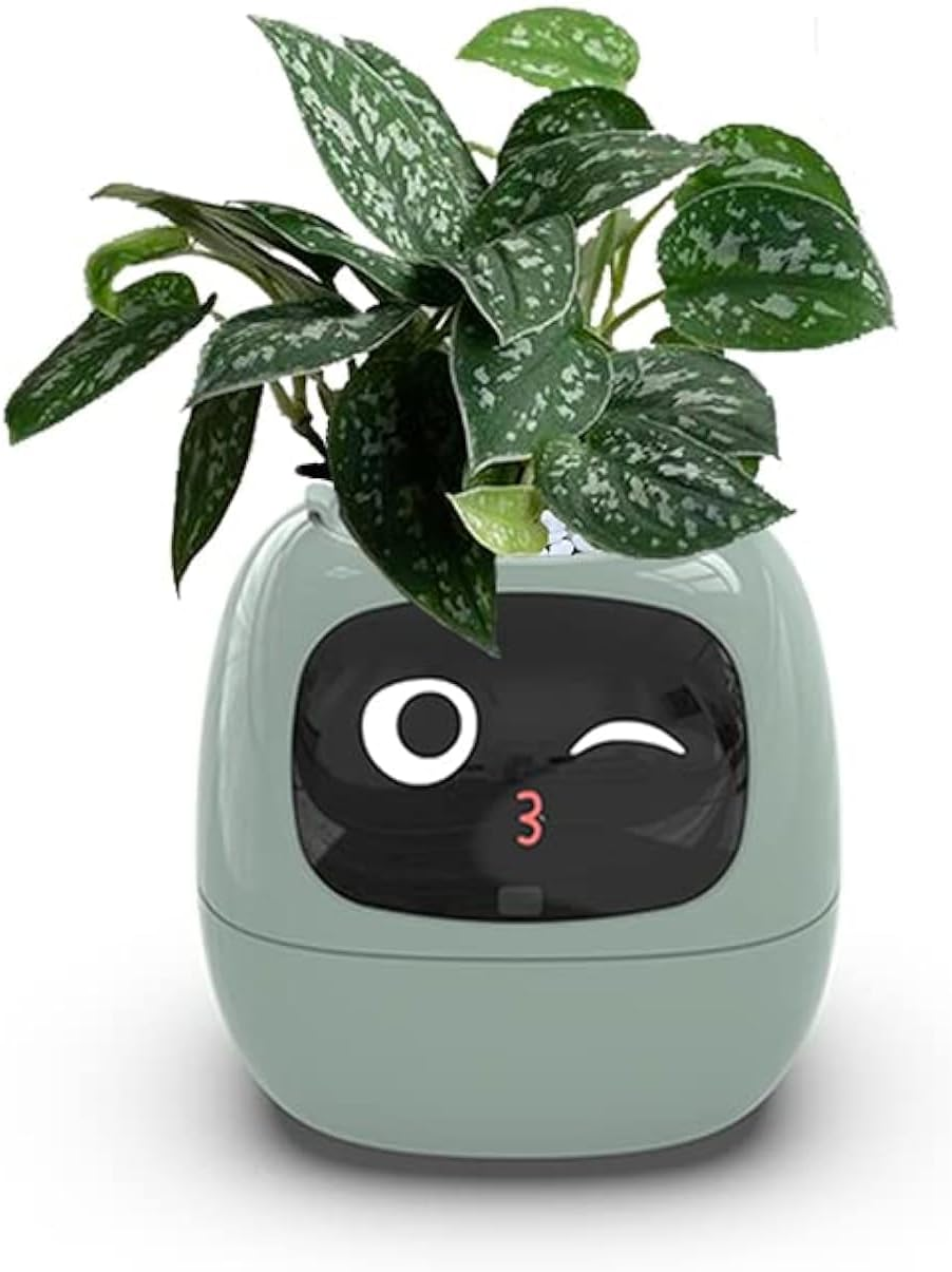 Smart Flowerpot with AI Planter, Multiple Expressions, 7 Sensors, and Chips - Intelligent Pet Planter for Easy and Fun Plant Raising in Living Room (Green, Plant-Free)