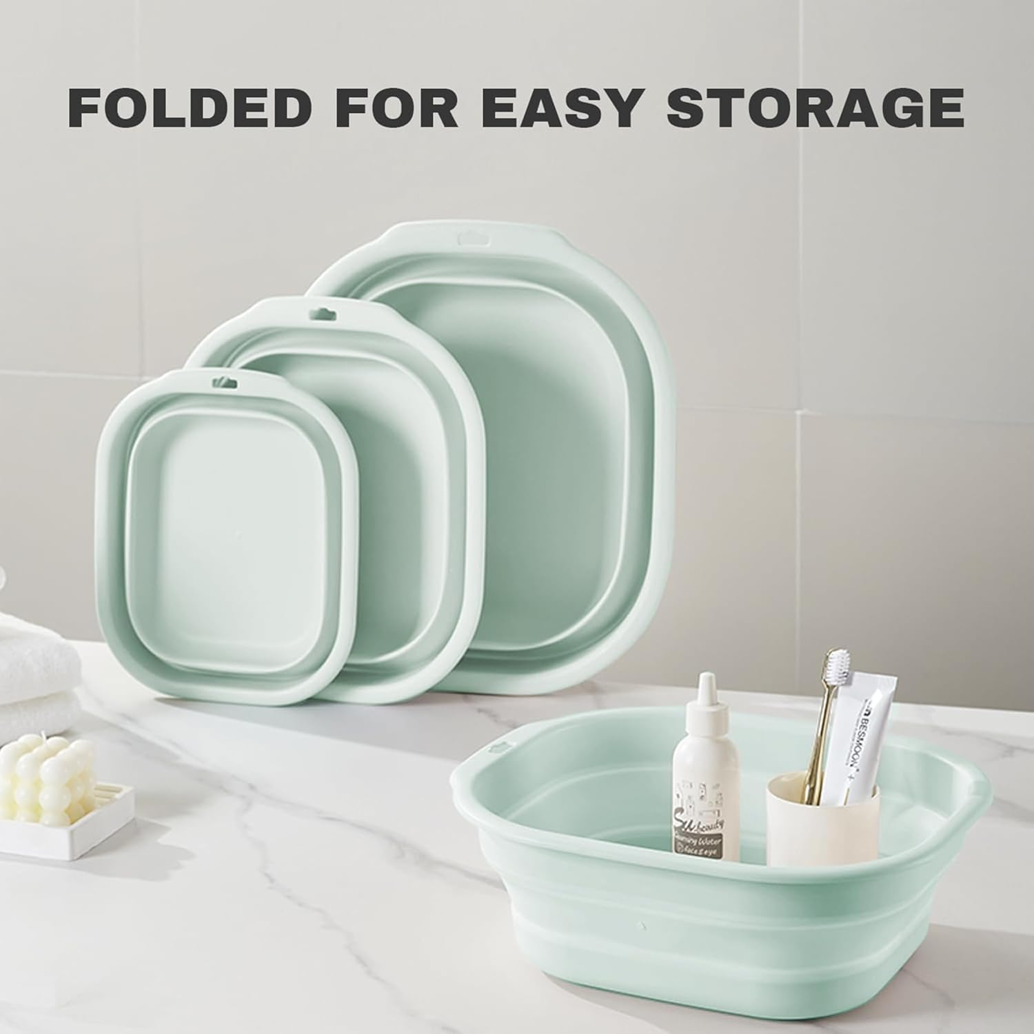 Collapsible Wash Basin Set, Portable Laundry Tub, 3-Pack, Foldable Design (Green) - Green image number 4