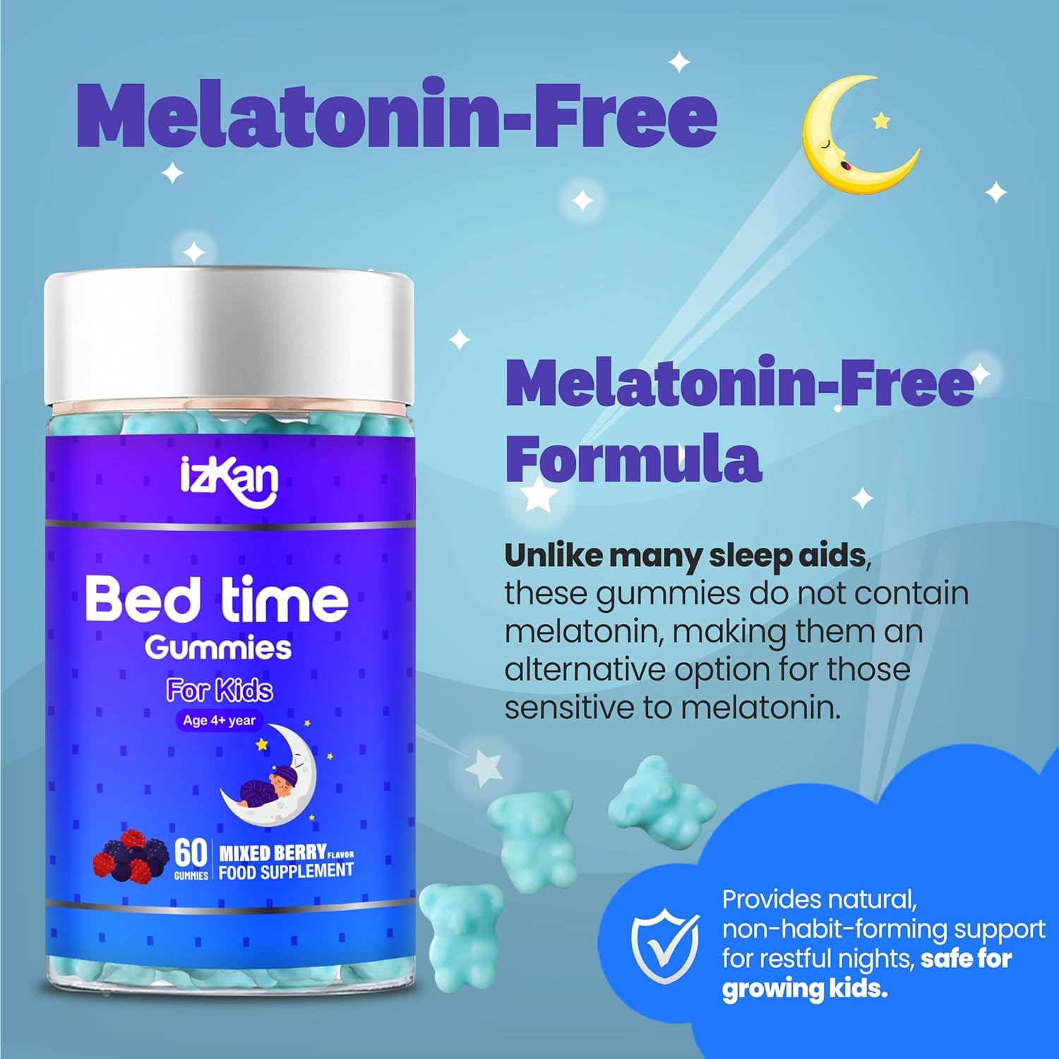 Bed Time Gummies for Kids with Magnesium Lemon Balm Chamomile Extract Glycine Chewable Sleep Supplement |Restful Sleep| |Calm Mood| Vegan 60 Gummies |Berries Flavour| (60 Gummies, Mixed Berry) image number 5