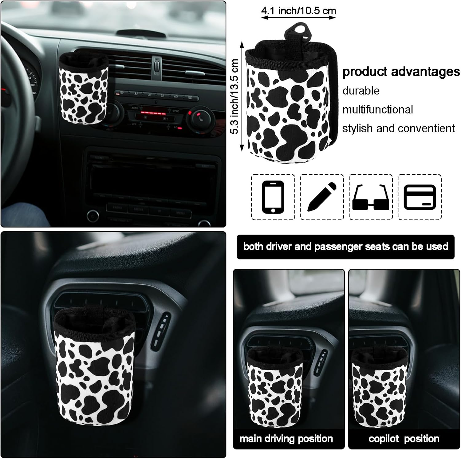 Datanly 16Pcs Cow Print Car Seat Cover Full Set for Women Men Car Seat Accessories Protector Steering Wheel Armrest Pad Belt Pads Mirror Cover for Most Sedan SUV Van (White, Black) image number 3