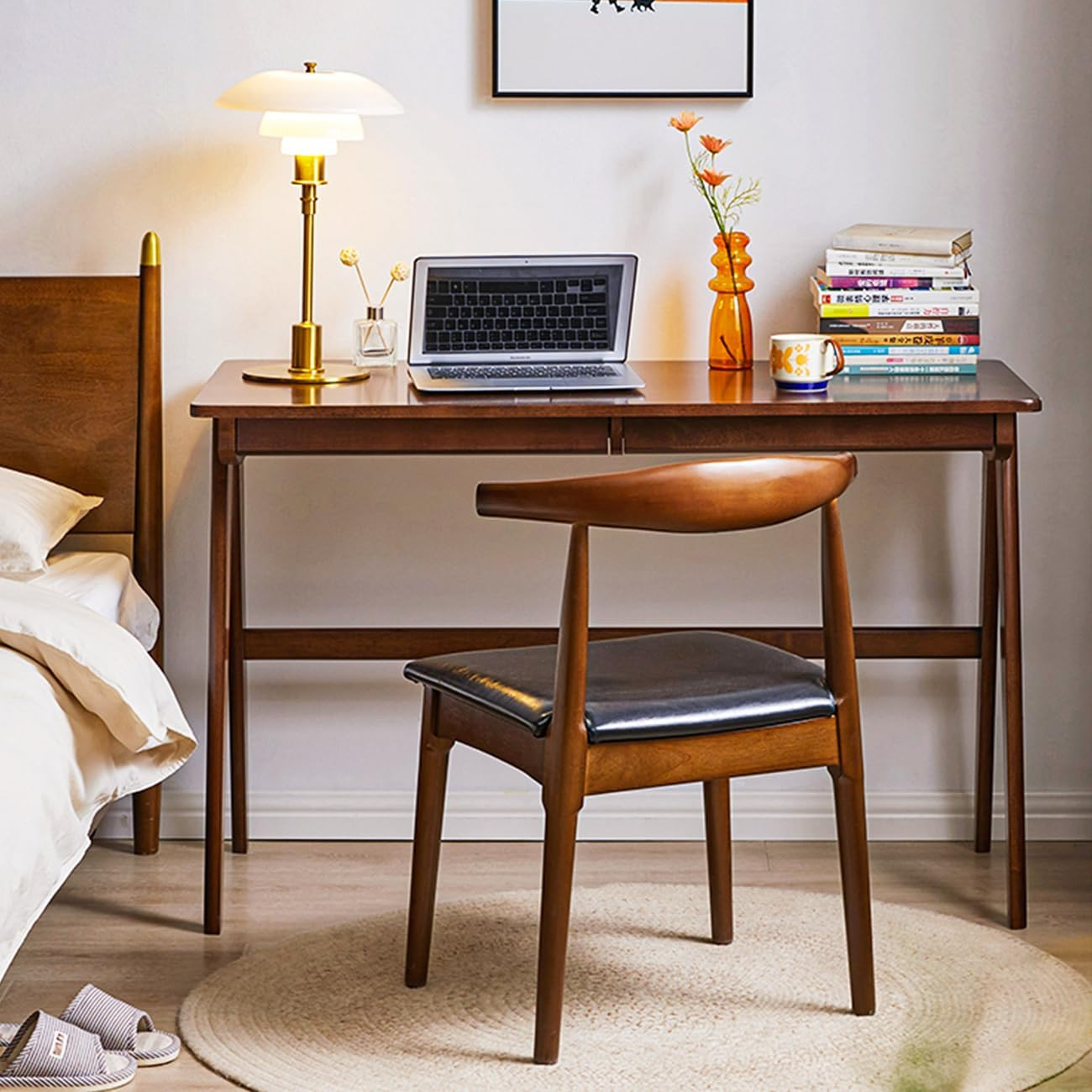 Wood Writing Desk with 2 Drawer,Home Office Desk for Small Spaces Study Desk PC Table Workstation (Walnut, 100X60X75Cm) image number 4