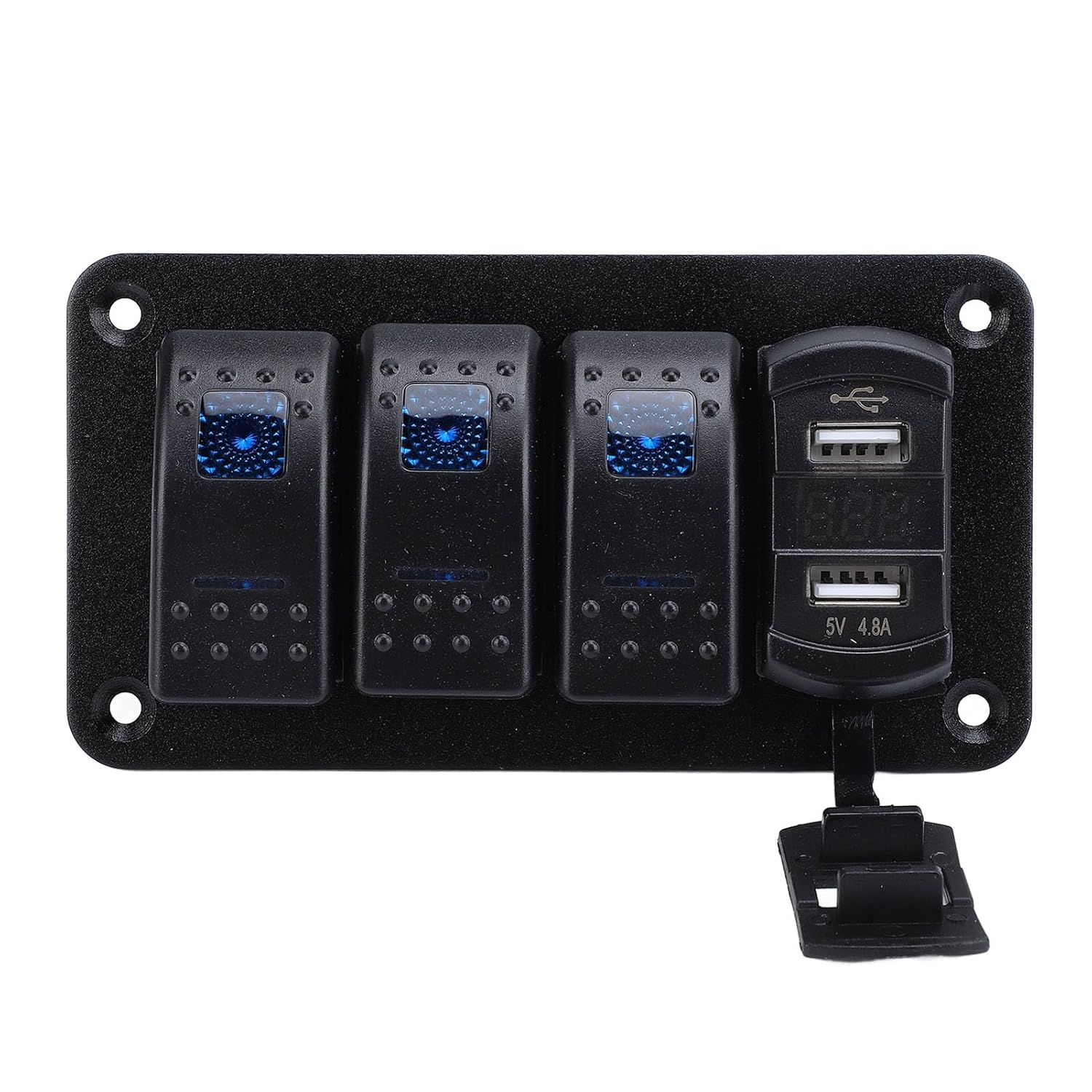 3 Gang Multi-Function Rocker Switch Box, Dual USB + Digital Volmeter, 12V 24V 5 Pin On/Off Pre-Wired Rocker Switch Panel for RV Car Boat Truck Trailer (Blue Light)