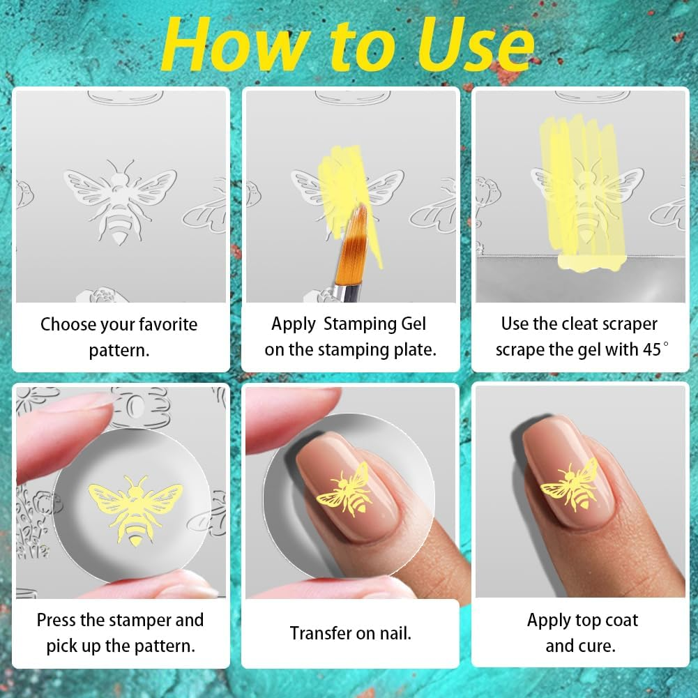 Beinkmake 3Pcs Bee Nail Stamping Plate Flowers Honeycomb Nail Art Stamp Templates Stainless Steel Reusable Tools with Stamper Scraper for Manicure Printing image number 2