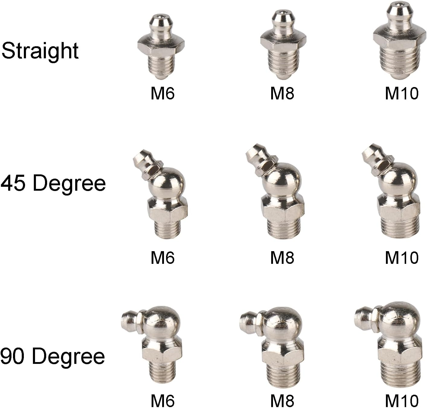 Acbbmns 220Pcs Metric & Imperial Hydraulic Grease Nipple Assortment Kit 1/4" 1/8" M6 M8 M10 Straight 45 Degree 90 Degree Angled Galvanized Steel Grease Fitting Set
