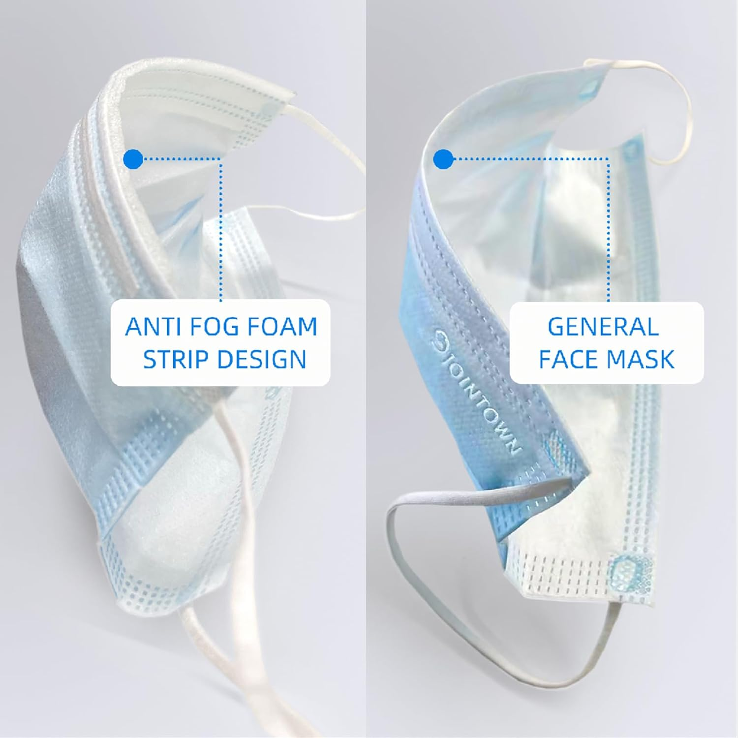 Jointown Anti-Fog 3-Ply Disposable Face Mask, Face Mask with Efficient Filter Media for Adult, Adjustable and Soft Nosepiece, Box of 50 Pcs