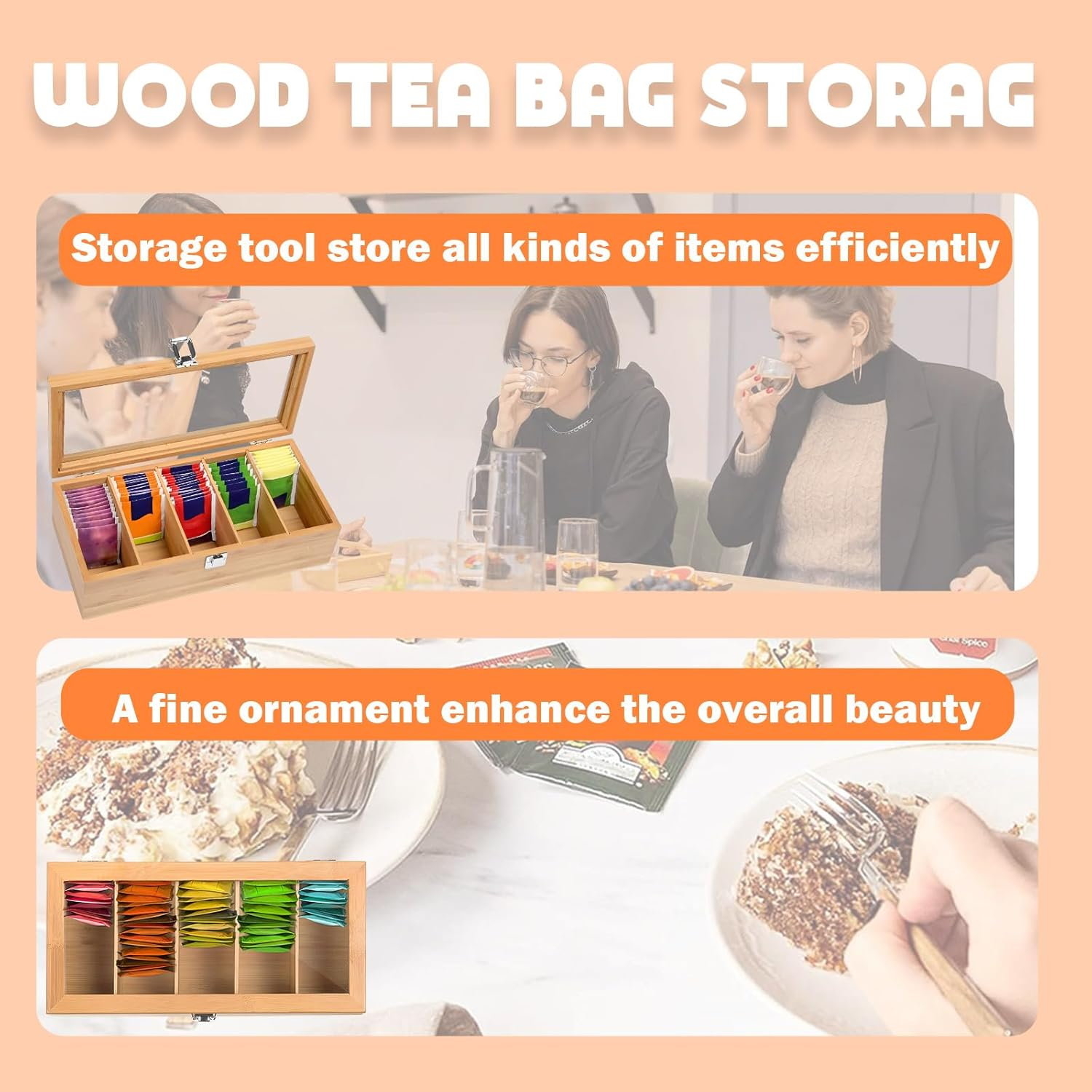 Bamboo Tea Bag Organizer Storage Box 5 Compartments Tea Box Storage Organiser Wooden Teabox with Clear Lid Portable Teabag Holder for Home Countertops Office Collections Sugar Packets image number 3