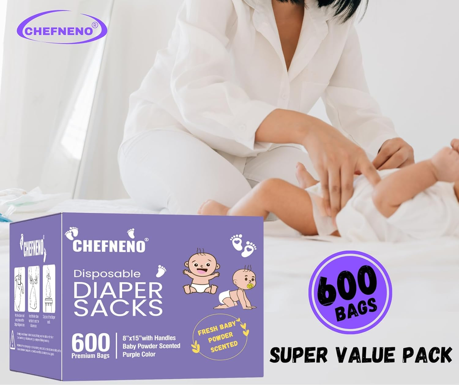 Baby Diaper Bag Disposable (600 Count) Fresh Baby Powder Scented Easy Tie Handles Bulk Diaper Sacks Disposable Dog Poop Waste Bags Cat Litter Clump & Poop Bags Sanitary Pad Waste Bags (600 Bags) image number 6