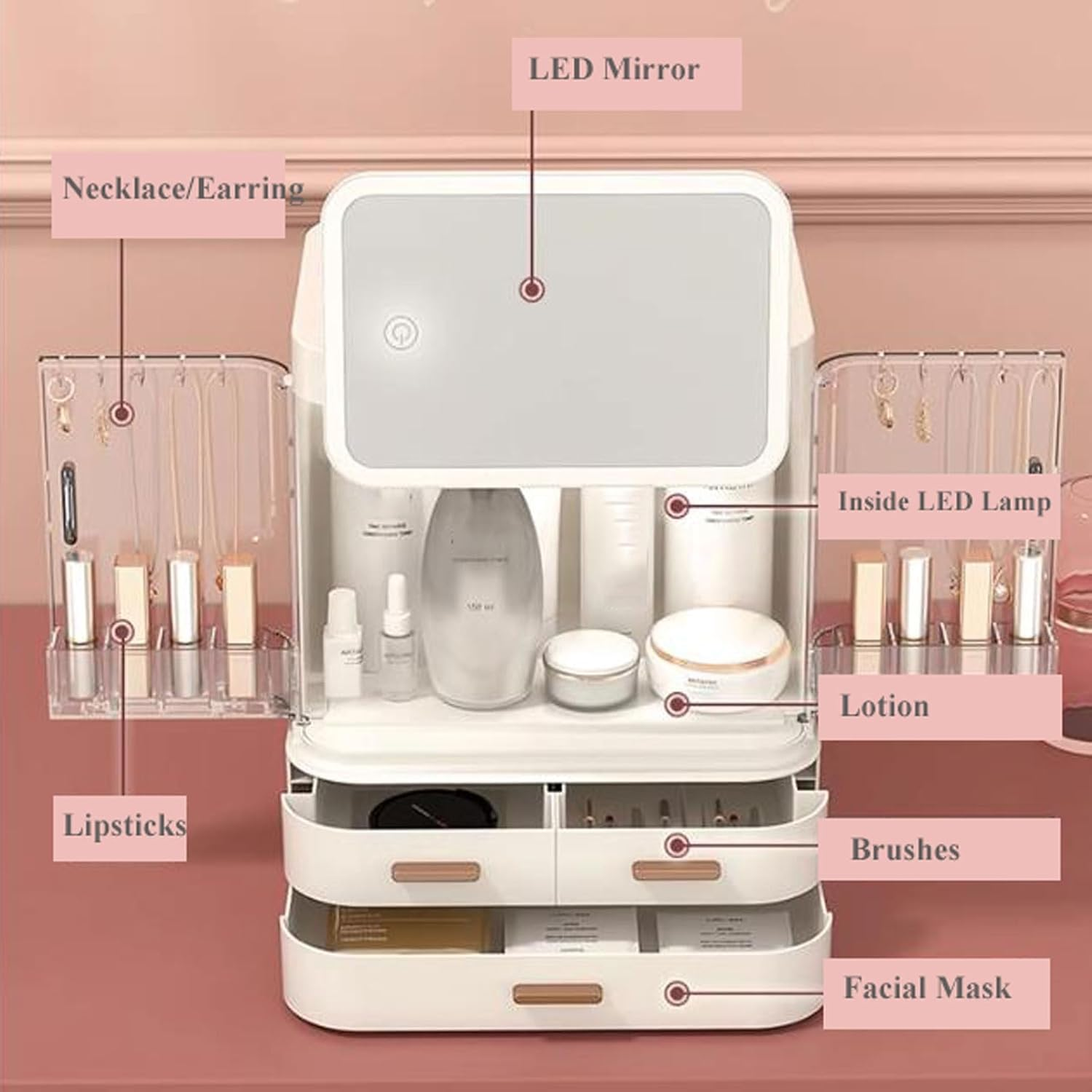 Makeup Organizer Makeup Storage Organizer Box with LED Mirror and Drawers，Jewelry Display Holder Rack, Cosmetics Case with Transparent Cover, for Bedroom Vanity Desk image number 5