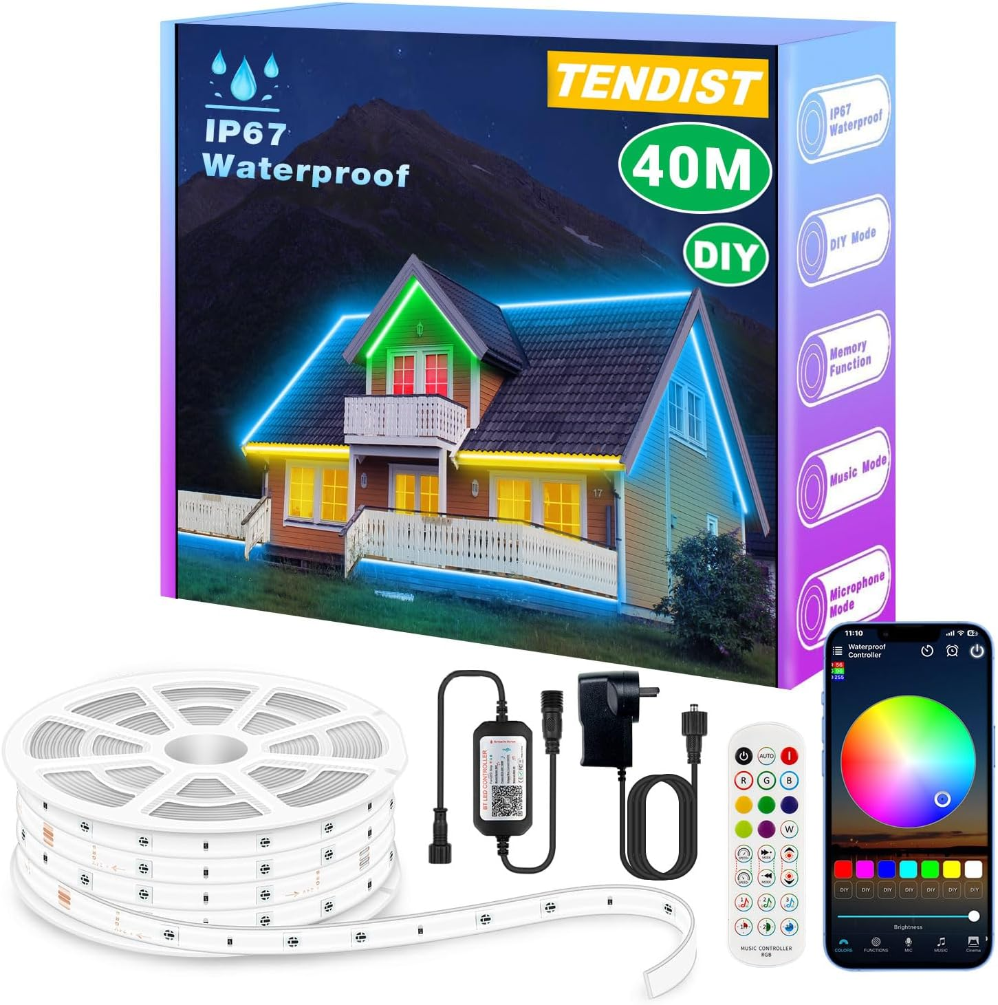 40M Outdoor LED Strip Lights IP67 Waterproof, RGB LED Strips Outdoor with RF Remote & Smart APP, 24V Waterproof Adhesive Rope Lights Multicolor Music Sync for Gazebo, Balcony, Patio, outside Decor