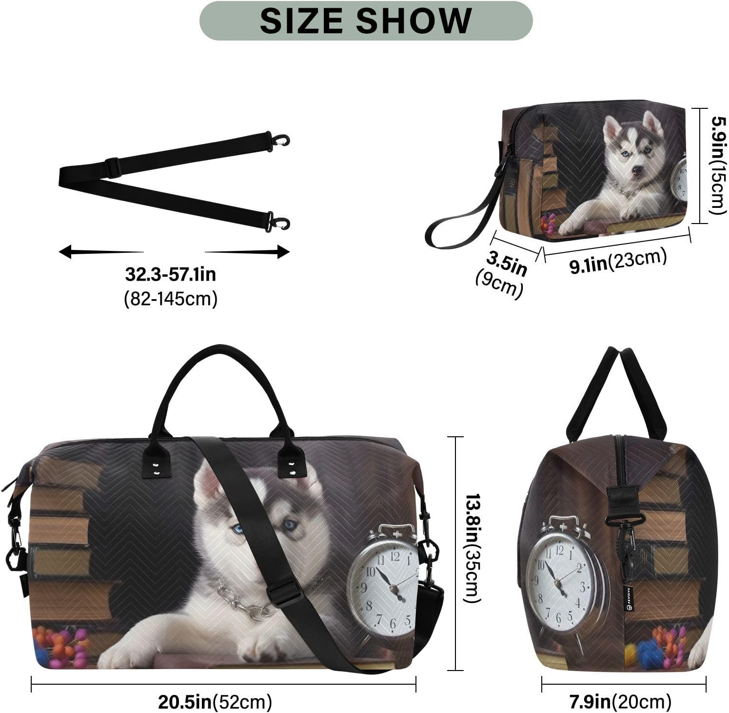 XYMZR Large Travel Duffel Bag, Cute Husky Watch Book Sport Tote Gym Bag, Shoulder Weekender Overnight Bag for Women Men, Carry on Luggage with Toiletry Bag, Multi-Colored image number 1