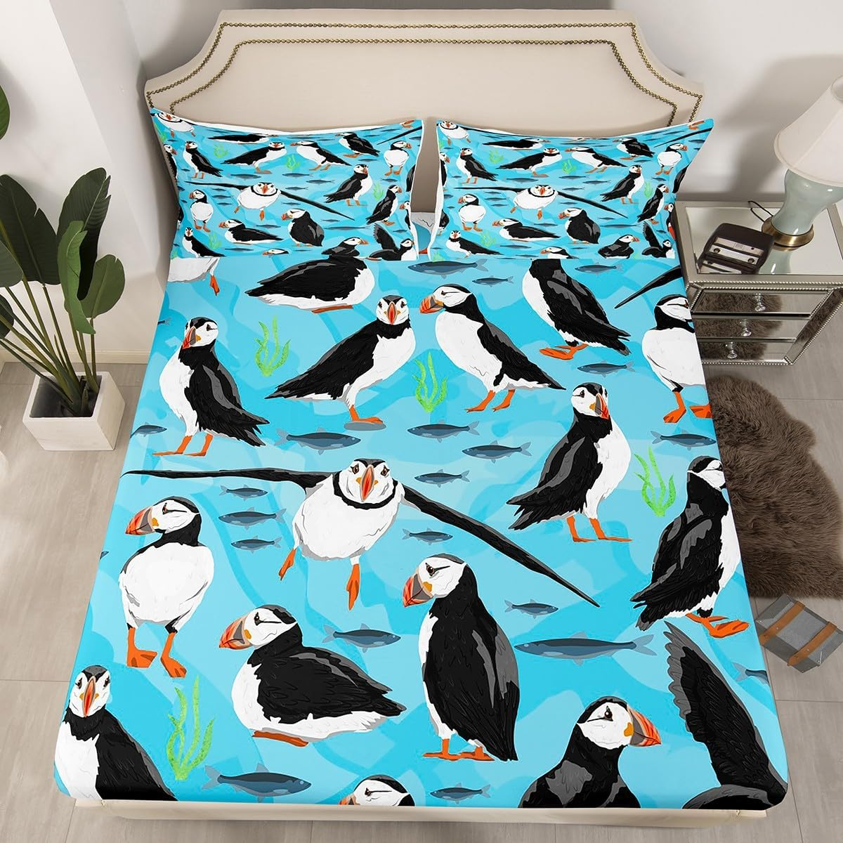 Puffin Bed Sheet Set Twin Size Puffin Bird Drawing Fitted Sheet for Kids Boys Girls Decor Cute Animal Theme Bedding Set Microfiber Polar Animal Bed Cover Bedroom