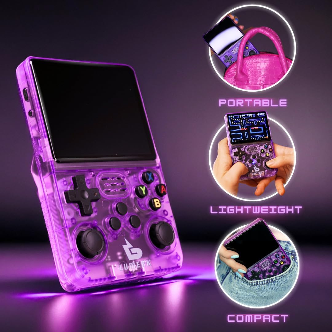 Lumerk R36S Handheld Retro Game Console Air Version(V2.0), 3.5 Inch IPS Screen with Emulator System, 15,000+ Built-In Classic Games, Portable Gaming Console with Dual 3D Joysticks (Transparent Purple) image number 6