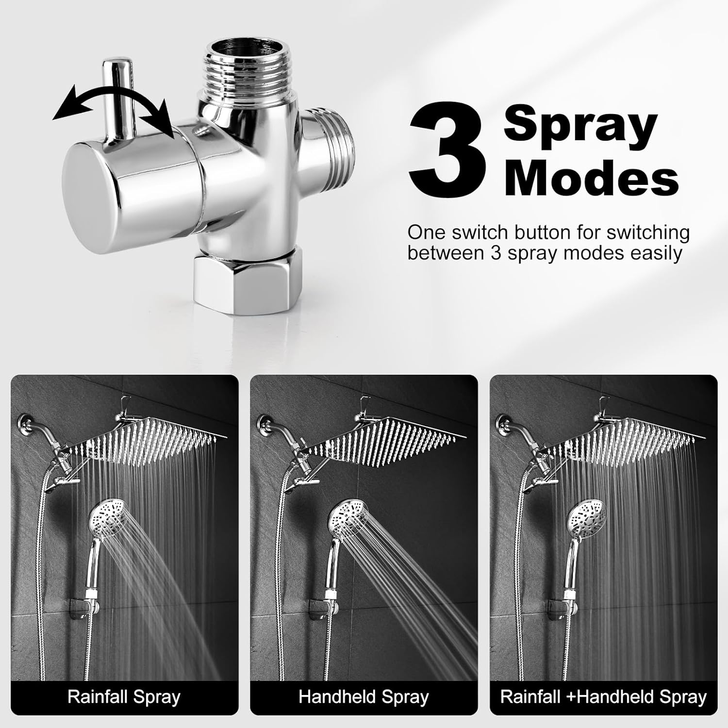 Liwcho Shower Head, 10 Inch High Pressure Rainfall Shower Head/Handheld Shower Combo with 11 Inch Extension Arm, 9 Settings Adjustable Anti-Leak Shower Head with Holder/Hose, Height/Angle Adjustable image number 6