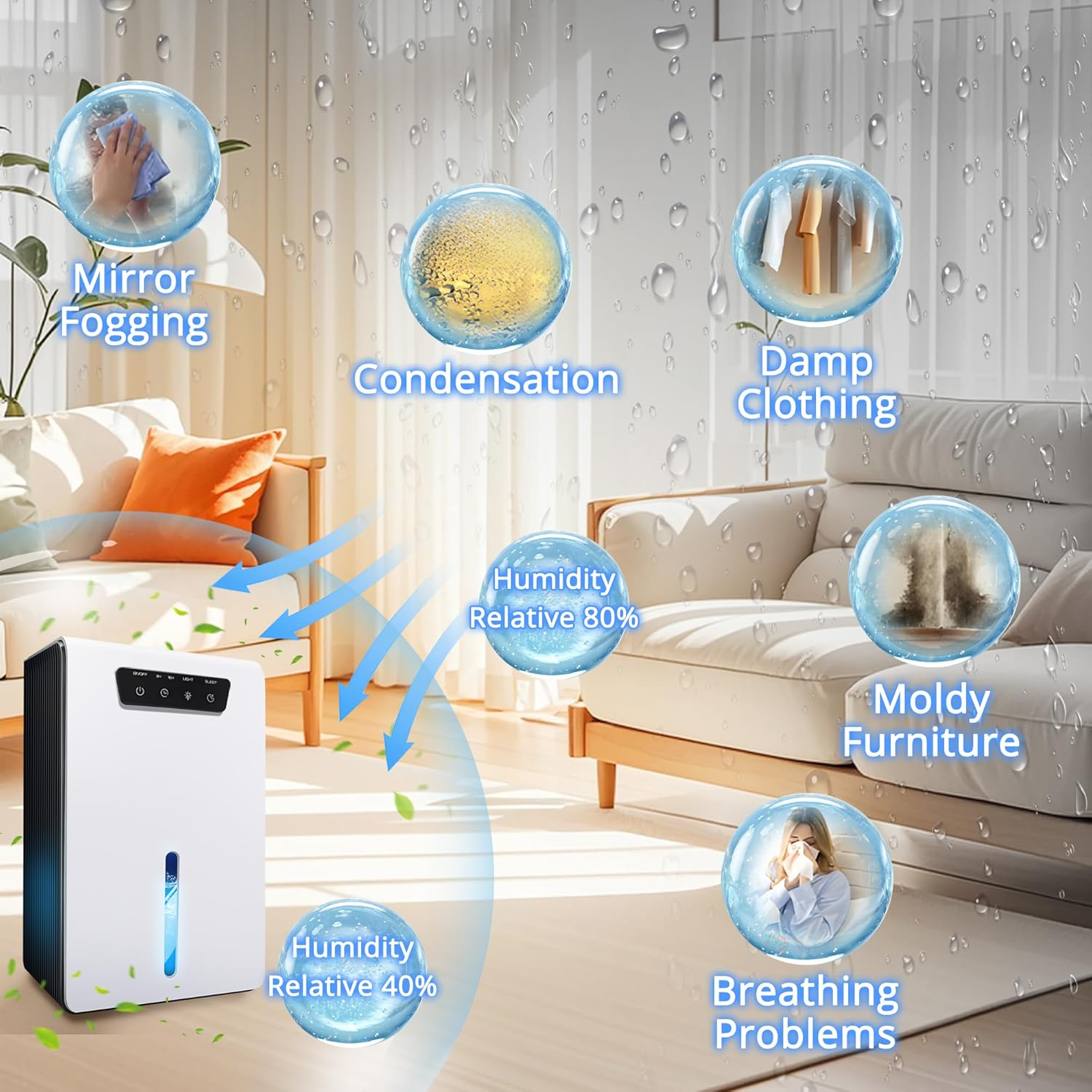 3200Ml Dehumidifier, 2 Working Modes Quiet Energy Saving Portable Dehumidifiers, 8/16/24H Sleep Timer, 7 Colors LED, Auto-Off, Dehumidifiers for Home up to 25㎡ for Bedroom Bathroom Basements Closet RV