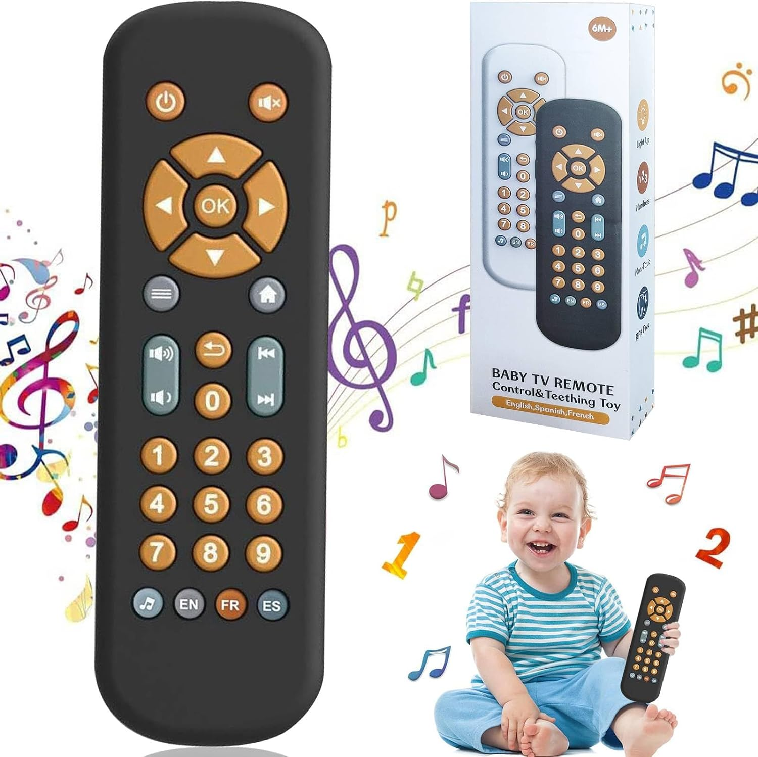 Baby TV Remote Toys 6-12 Months, Toddlers Remote Control Toy, Realistic Play Remote Early Educational Baby Musical Toys with Light and Sound for Infant Boys Girls Kids 6, 12, 18 Months Black