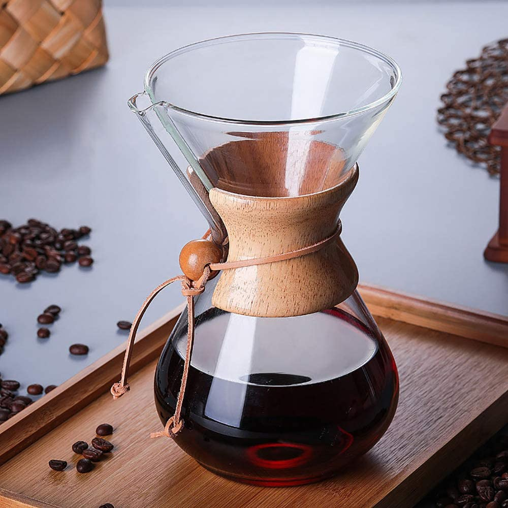 Wood Neck Pour over Coffee Maker with Reusable Stainless Steel Filter and Coaster Pad, 400 Ml Borosilicate Glass Coffee Carafe, Wooden Collar, Coffee Dripper Brewer, Hold 2 Cups image number 4