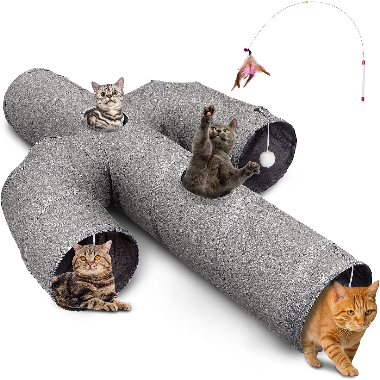 Ownpets Cat Tunnel Sturdy Oxford Fabric Cat Tunnel Toy, Cactus Shape Collapsible Cat Tunnels for Indoor Cats,Interactive Peek Hole Pet Tunnel Tube with Cat Wand Toy (Grey) image number 6