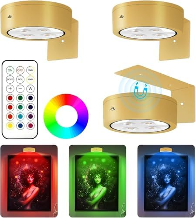 3PCS Picture Lights for Wall, Magnetic Painting Light with 13 Lighting Modes, Magnetic Led Painting Light Remote Dimmable and Timer for Wall Art, Craft Rooms, Home Decor and Nighttime (Black1)