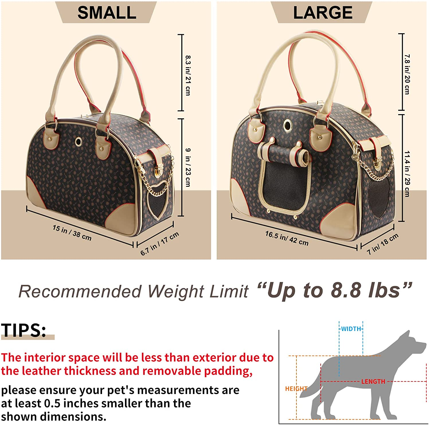 BETOP House Fashion Dog Carrier PU Leather Dog Handbag Dog Purse Cat Tote Bag Pet Cat Dog Hiking Bag, Brown, Large