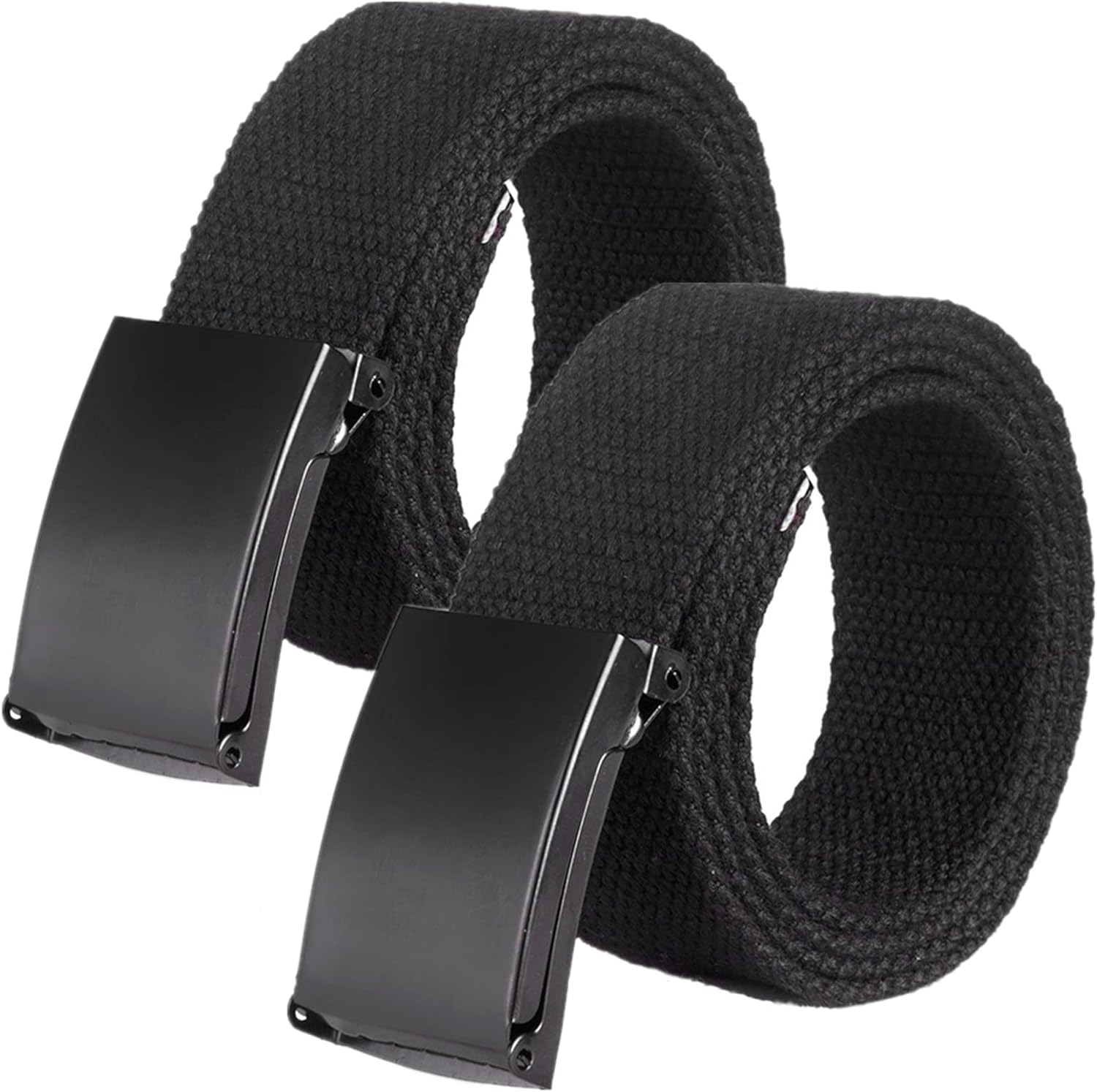 Yunyunstrap Mens Canvas Web Belt, Cut to Fit Size up to 69" with Flip-Top Solid Black Military Buckle, 2 Pack