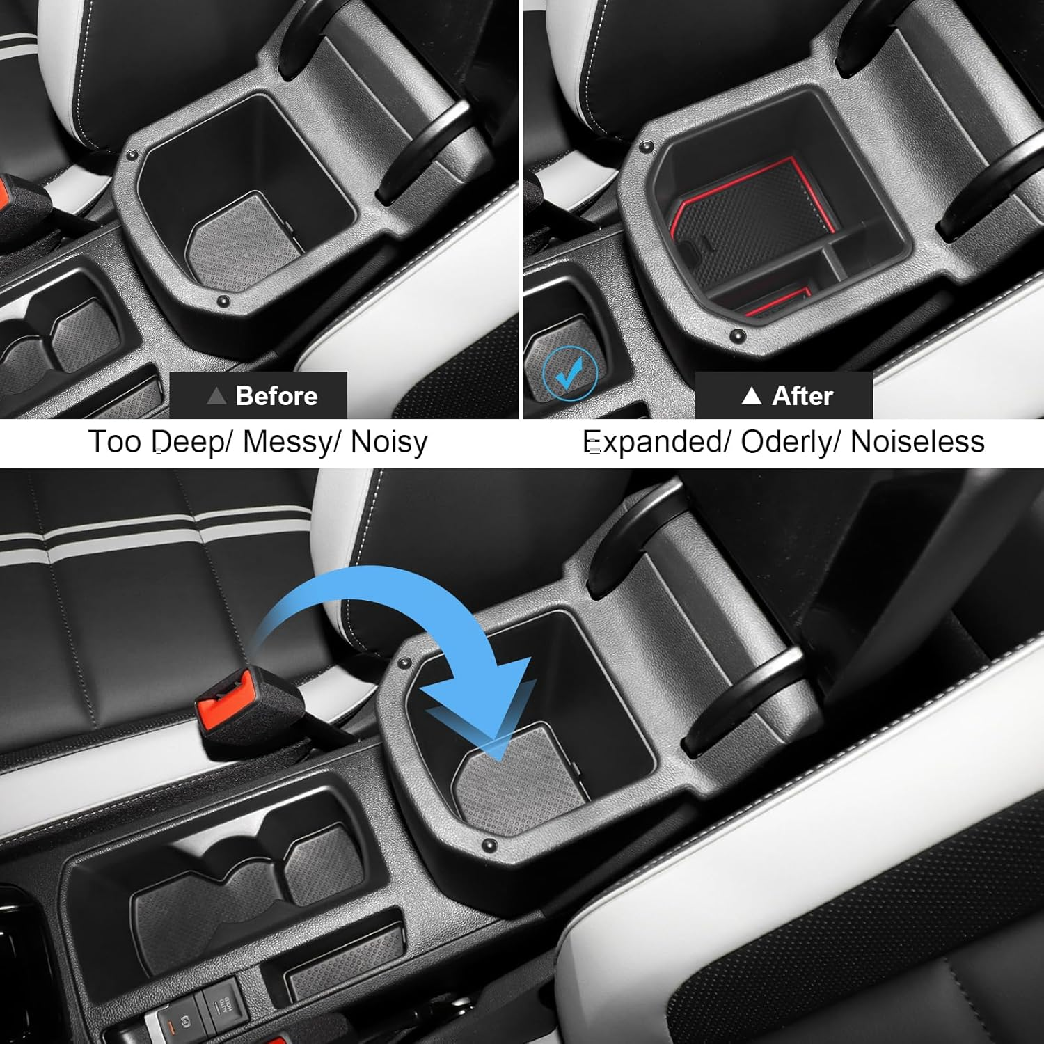 Centre Console Storage Box Compatible with VW T-ROC 2018-2024, T ROC Accessories Armrest Organiser, T-ROC Centre Armrest Glove Box with Non-Slip Mat (Red) - Blue image number 4