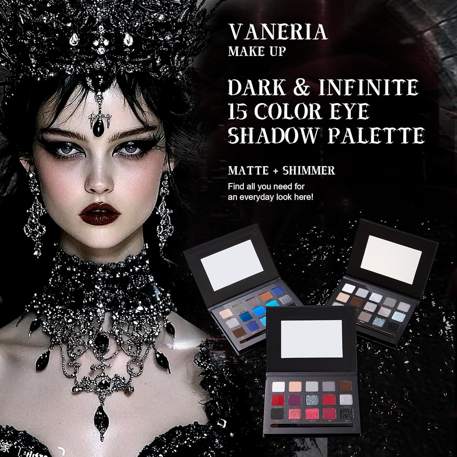 VANERIA Black Smokey Eye Shadow Palette,15 Colors Matte Glitter Metalli Eyeshadow Palette,Long Lasting Waterproof Pallete (Goth Red) - Goth Blue image number 4